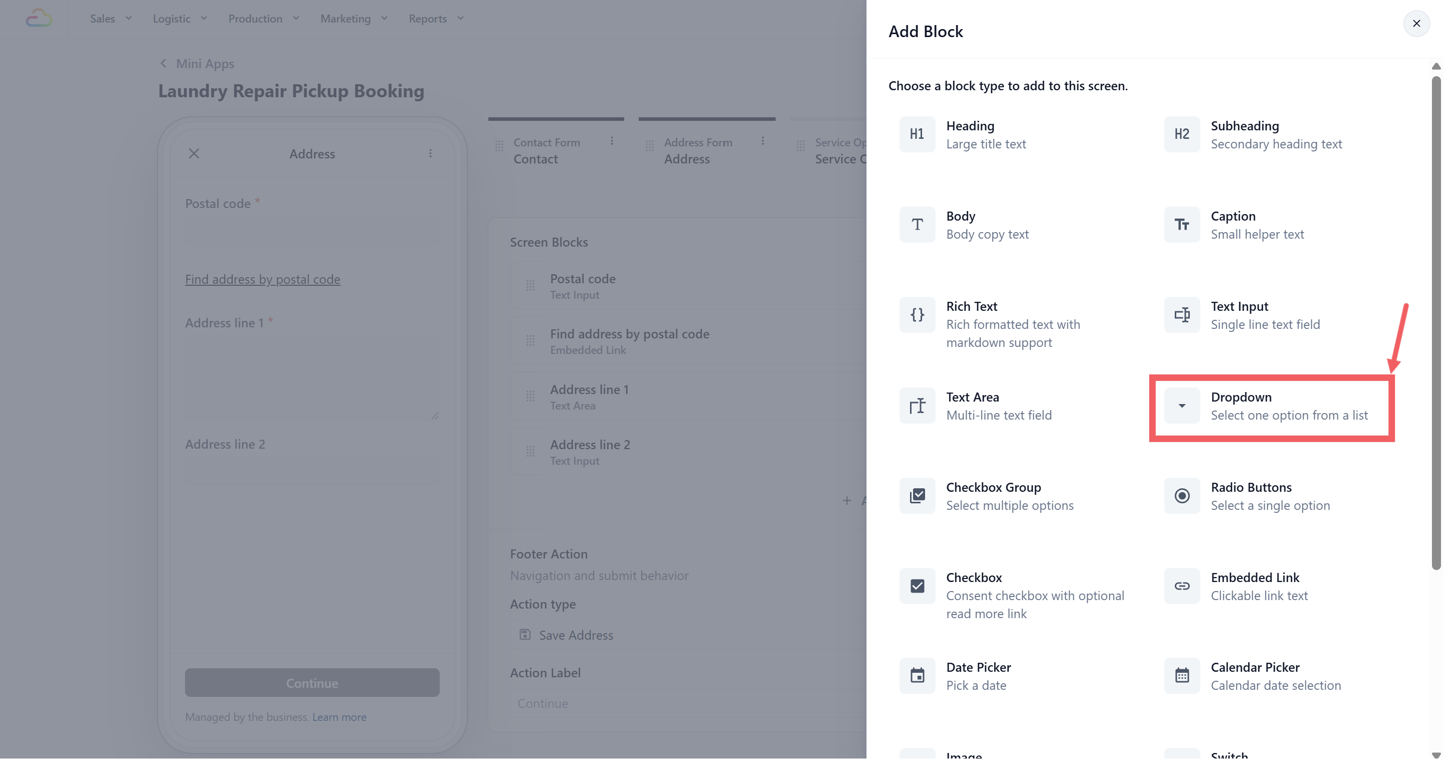 Choose dropdown from the block options