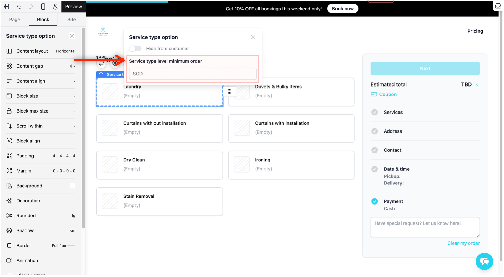 Service type level minimum order: Set the lowest amount required to book a specific service.