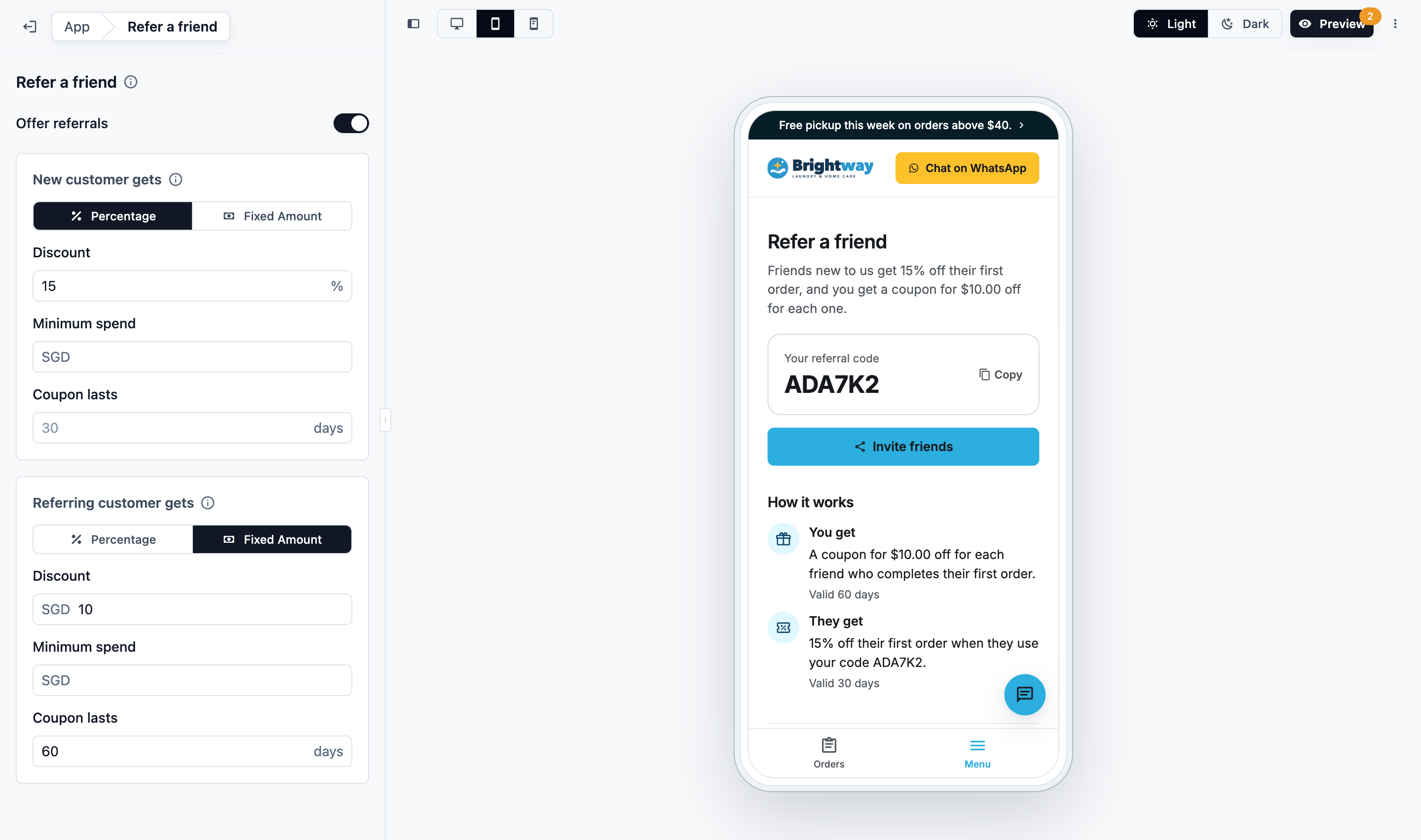 The store editor's Refer a friend page, with Offer referrals switched on and both rewards filled in