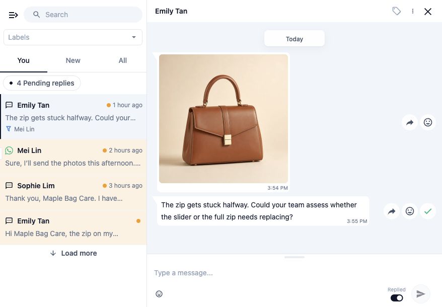 Inbox panel with Emily Tan’s fictional bag zip enquiry selected. Her sample bag photo and customer message appear on the left of the conversation.