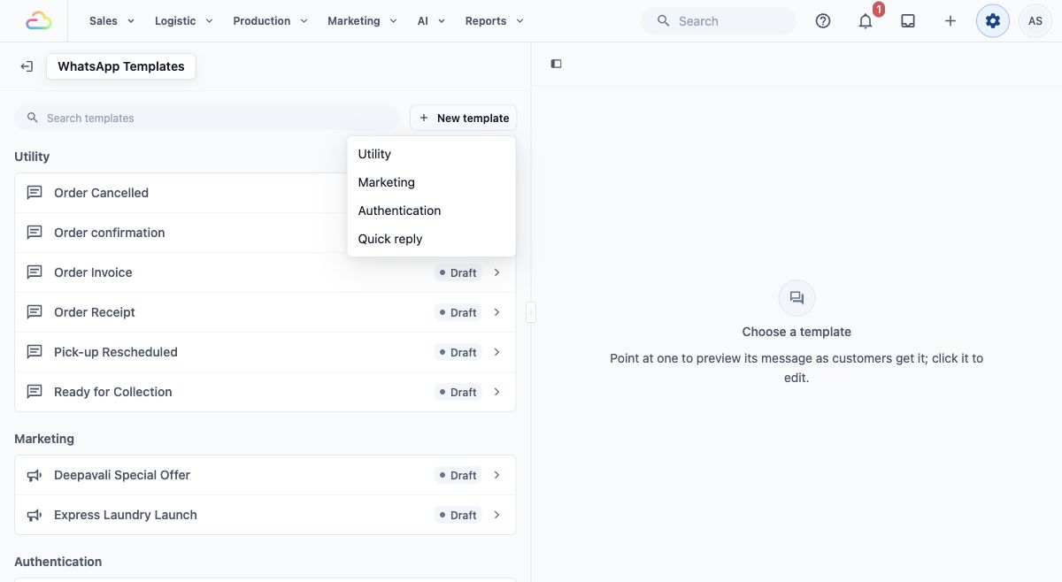 New template menu with Utility, Marketing, Authentication and Quick reply