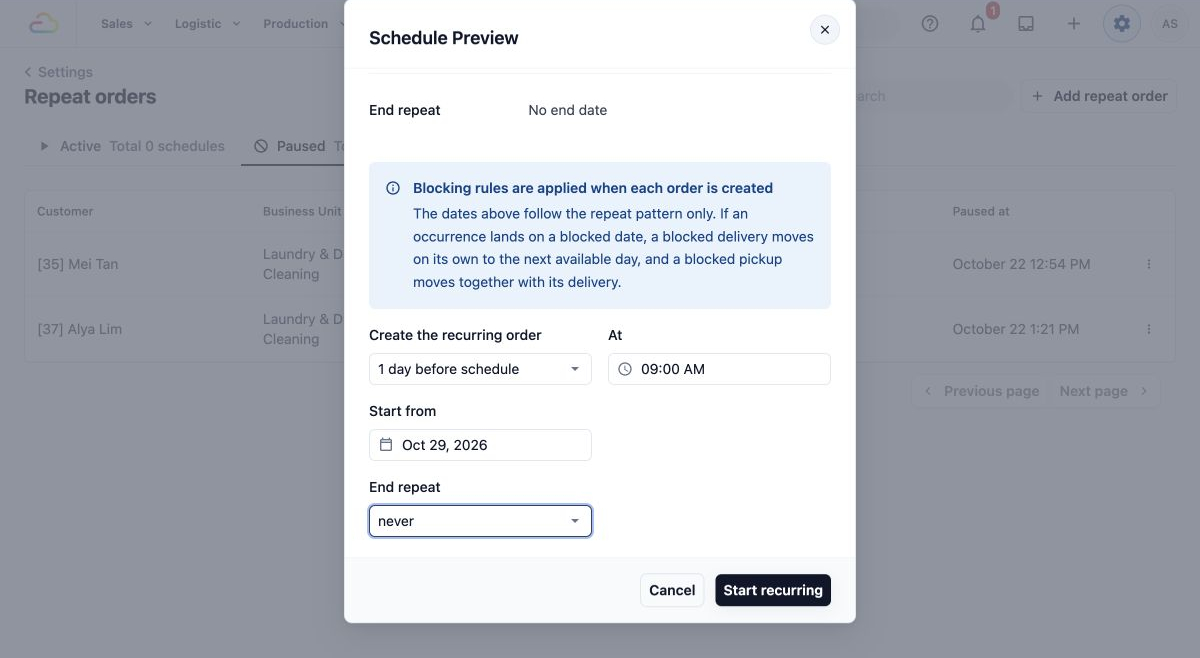 Order-creation timing and end rule