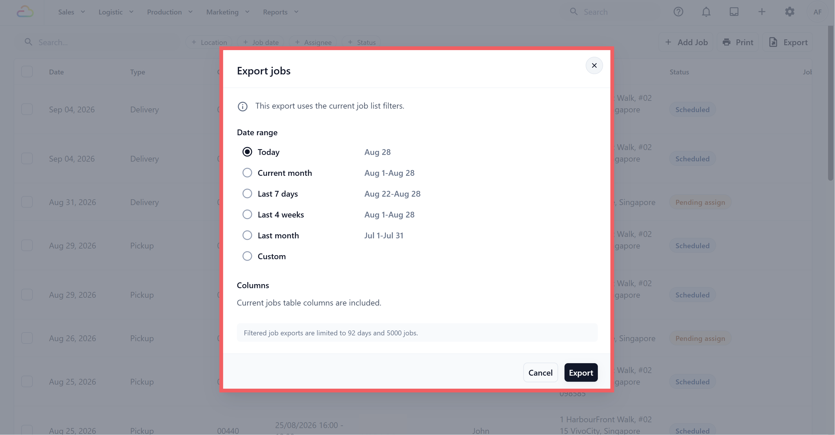Screenshot placeholder: Export jobs dialog showing date-range options, current filters, included columns, and the Export button.