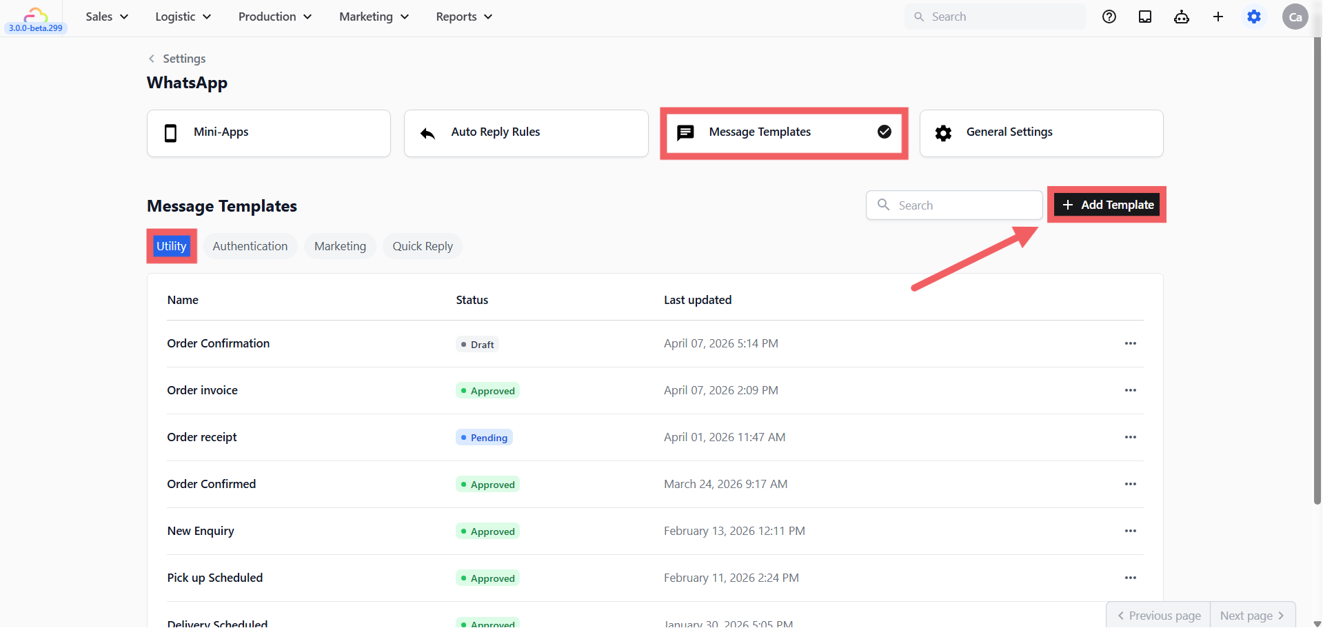 Click the Marketing tab then click + Add Template, a dialog titled "New WhatsApp Template" will appear.