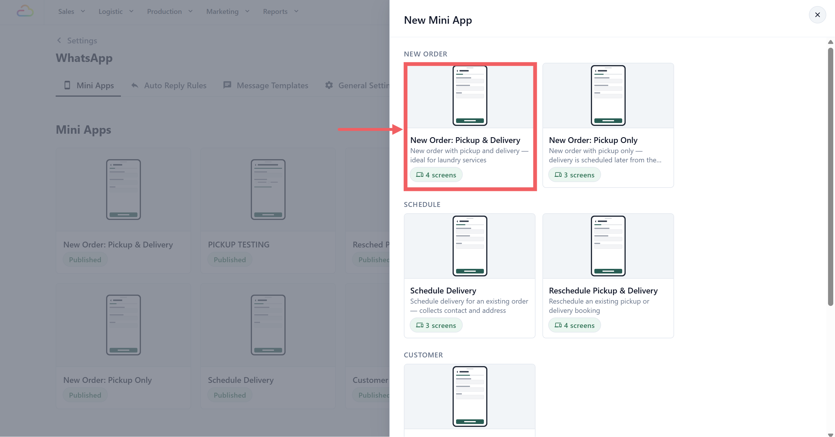 The + New Mini App drawer with the New Order group expanded and the New Order: Pickup & Delivery card highlighted
