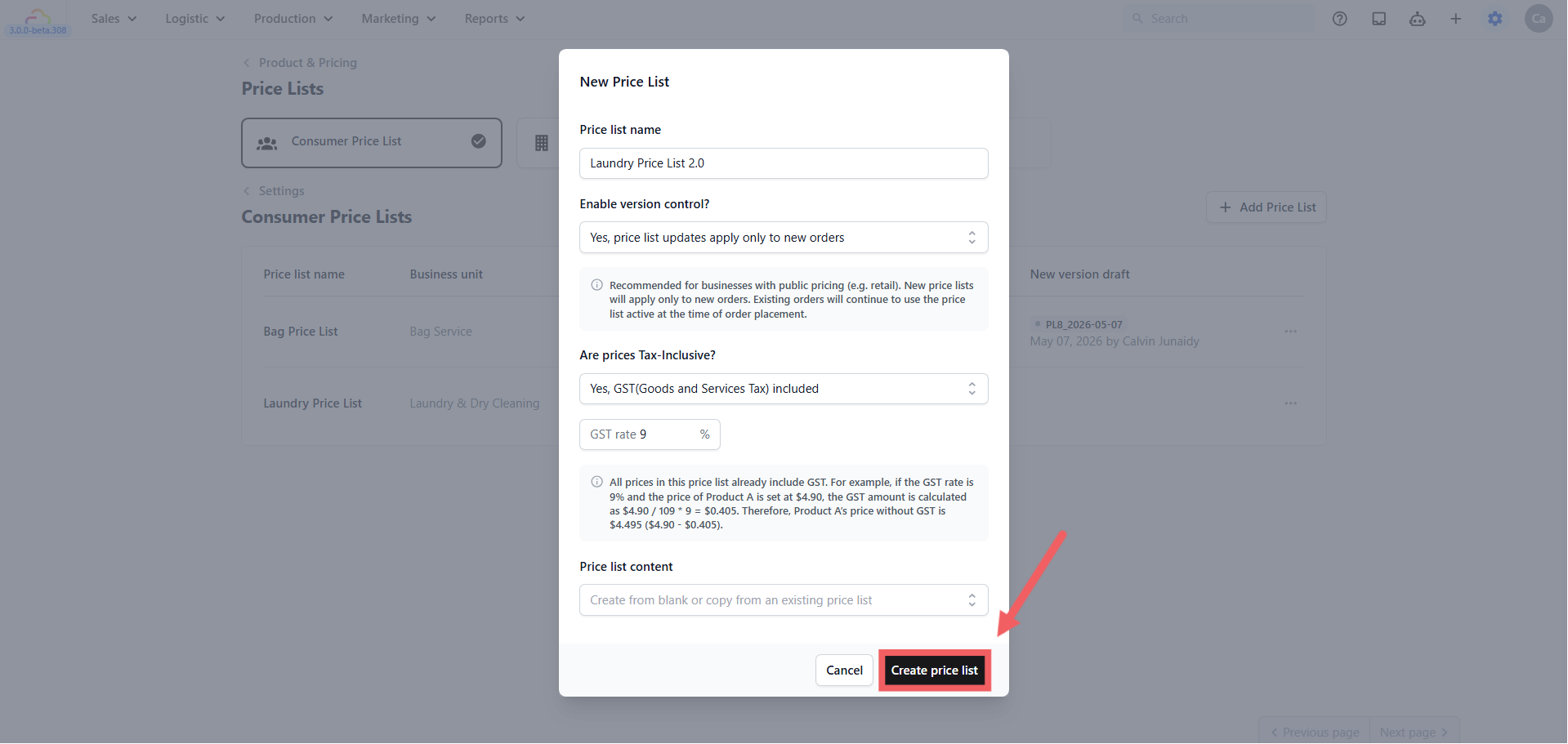 Click Create price list to save and open the editor.