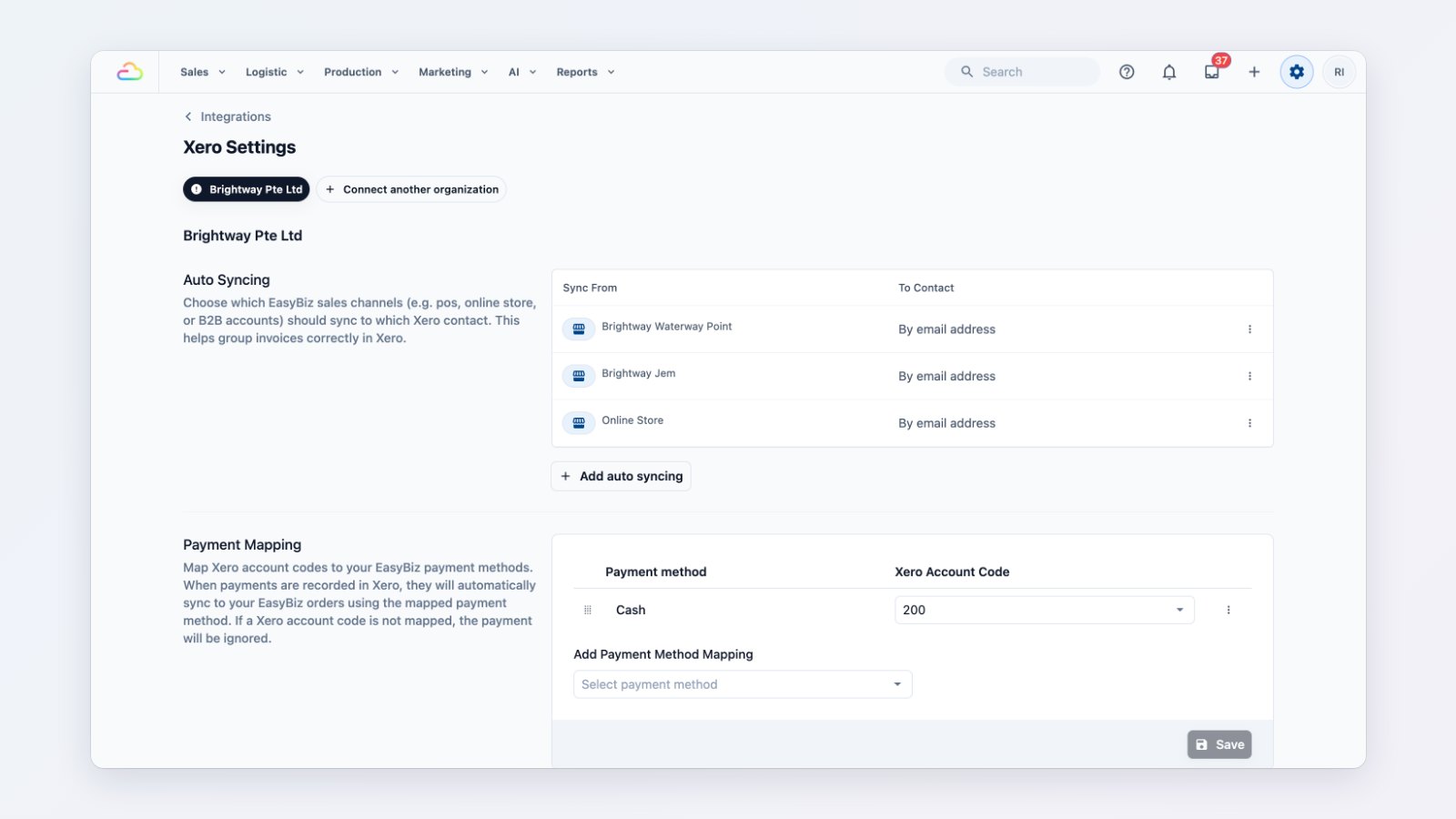 The Xero integration settings in EasyBiz Console with account code mapping and sync options