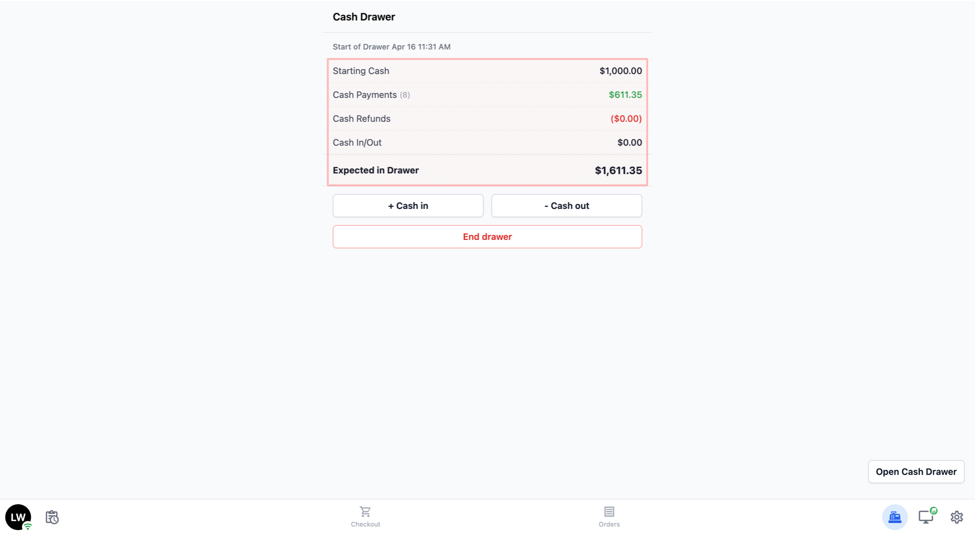 The Cash Drawer page shows the current state of your cash drawer with a summary of the day's cash activity.