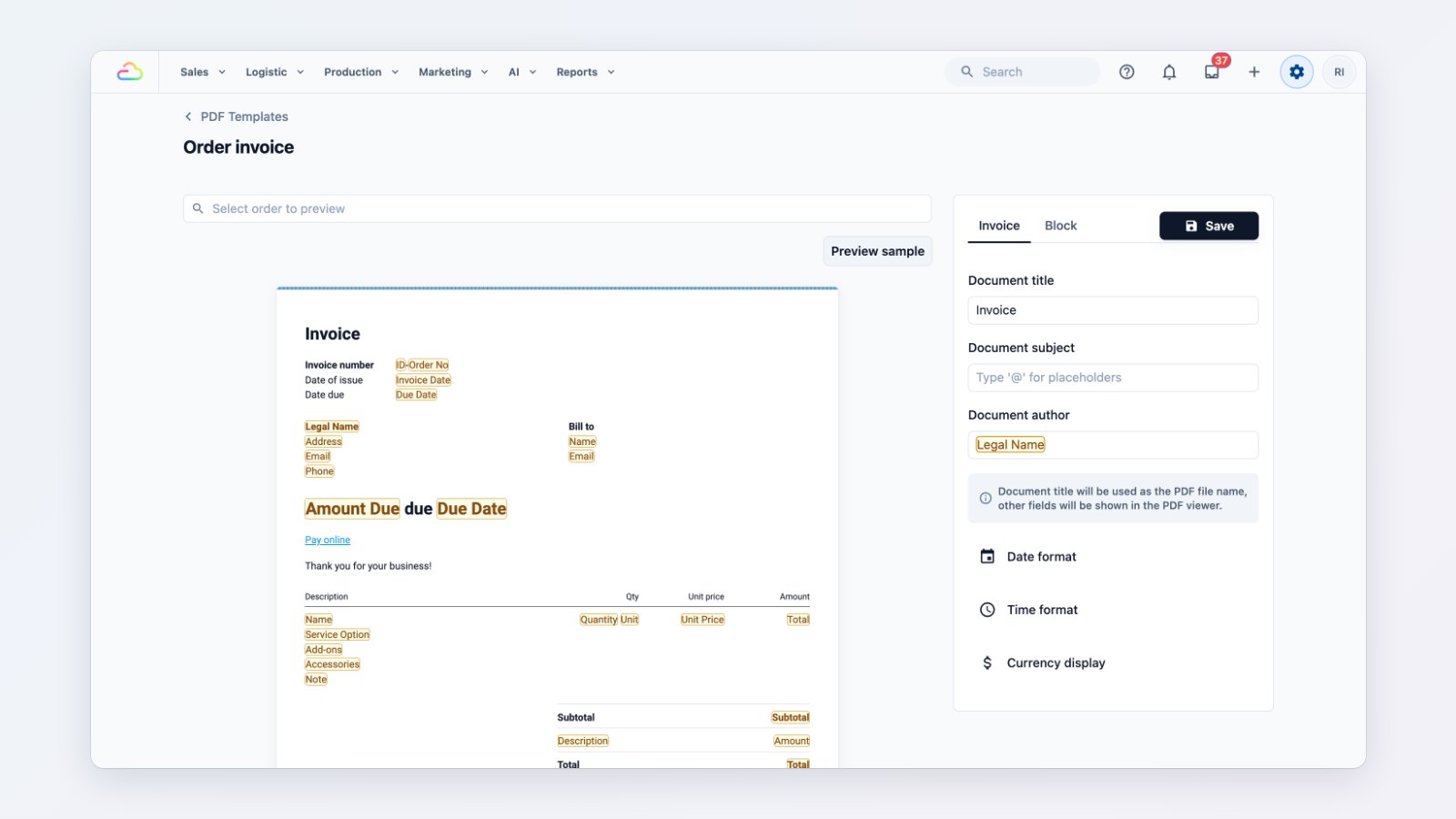 The PDF template editor showing an invoice with company details, line items and amount due