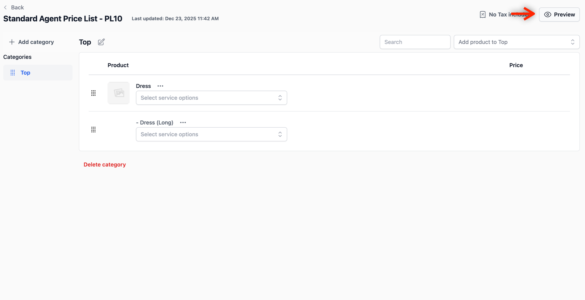 First, click on the Preview button. This allows you to review the list and ensure all product or service items appear exactly as intended.