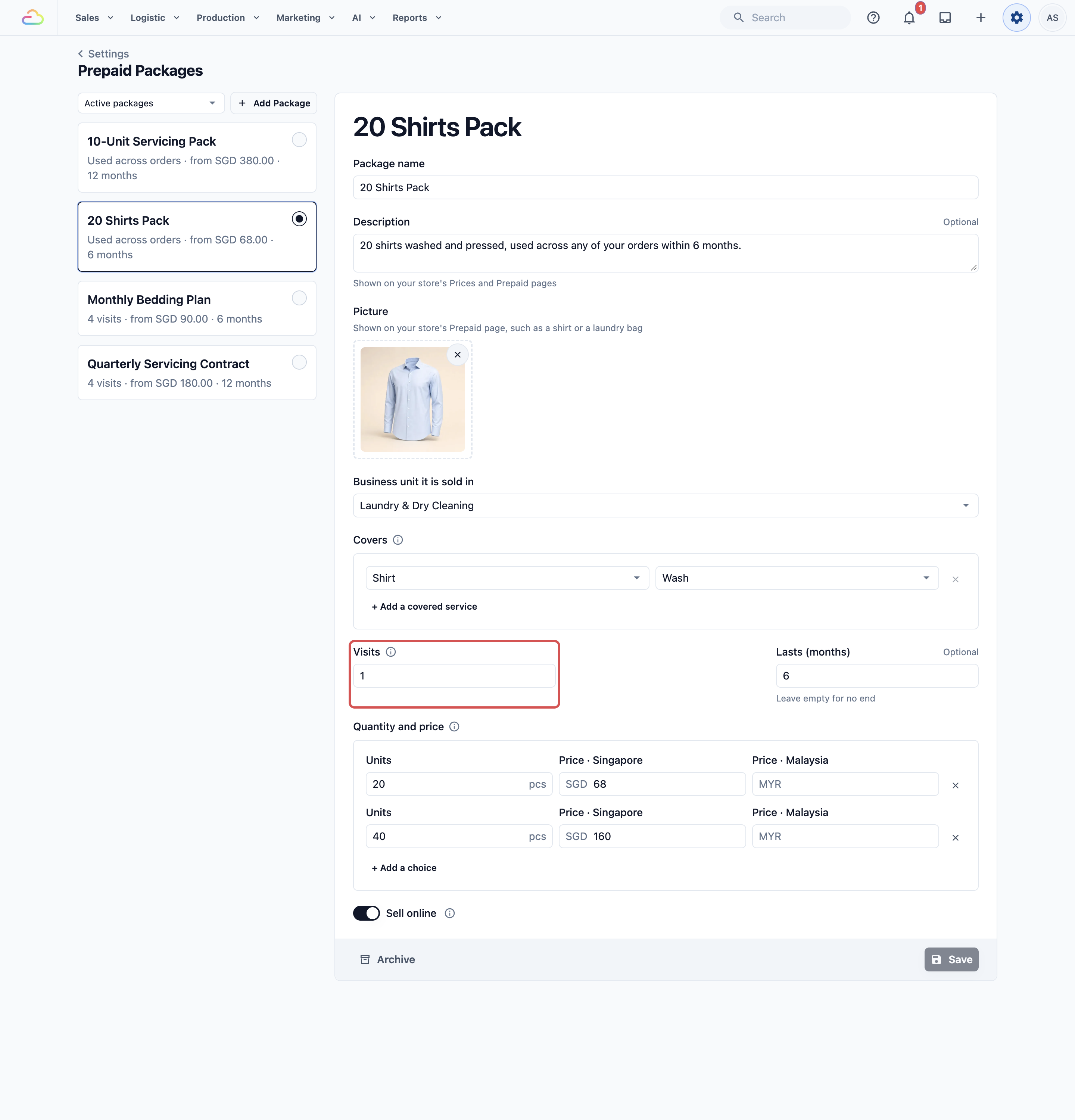 Settings › Prepaid Packages with 20 Shirts Pack open: Laundry &amp; Dry Cleaning, Covers Shirt with Wash, Visits 1 marked, Lasts (months) 6, and 20 pcs at SGD 68 and 40 pcs at SGD 160