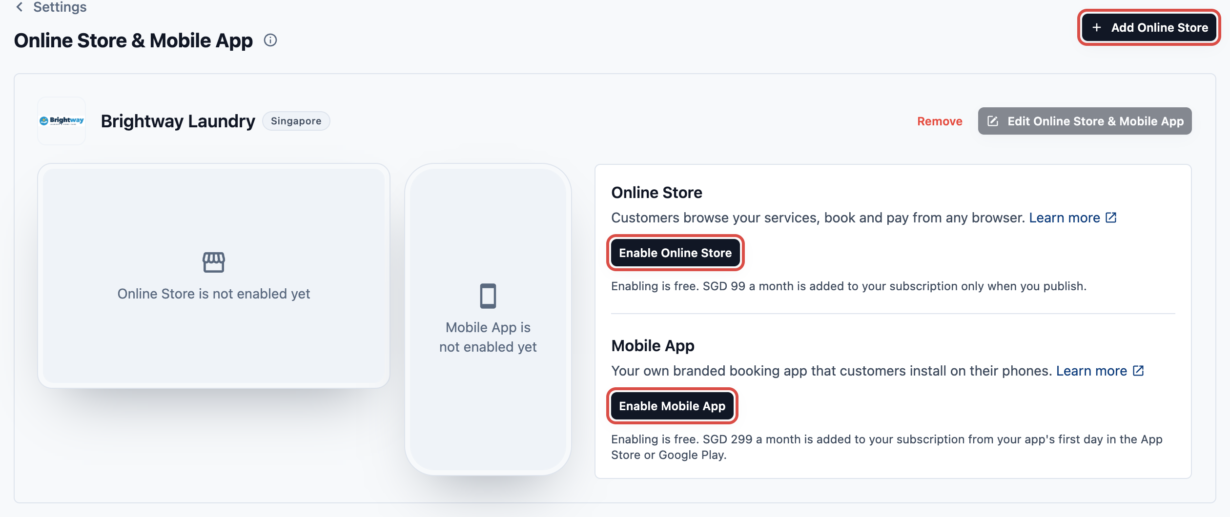 The Online Store & Mobile App page with the store card of Brightway Laundry in Singapore