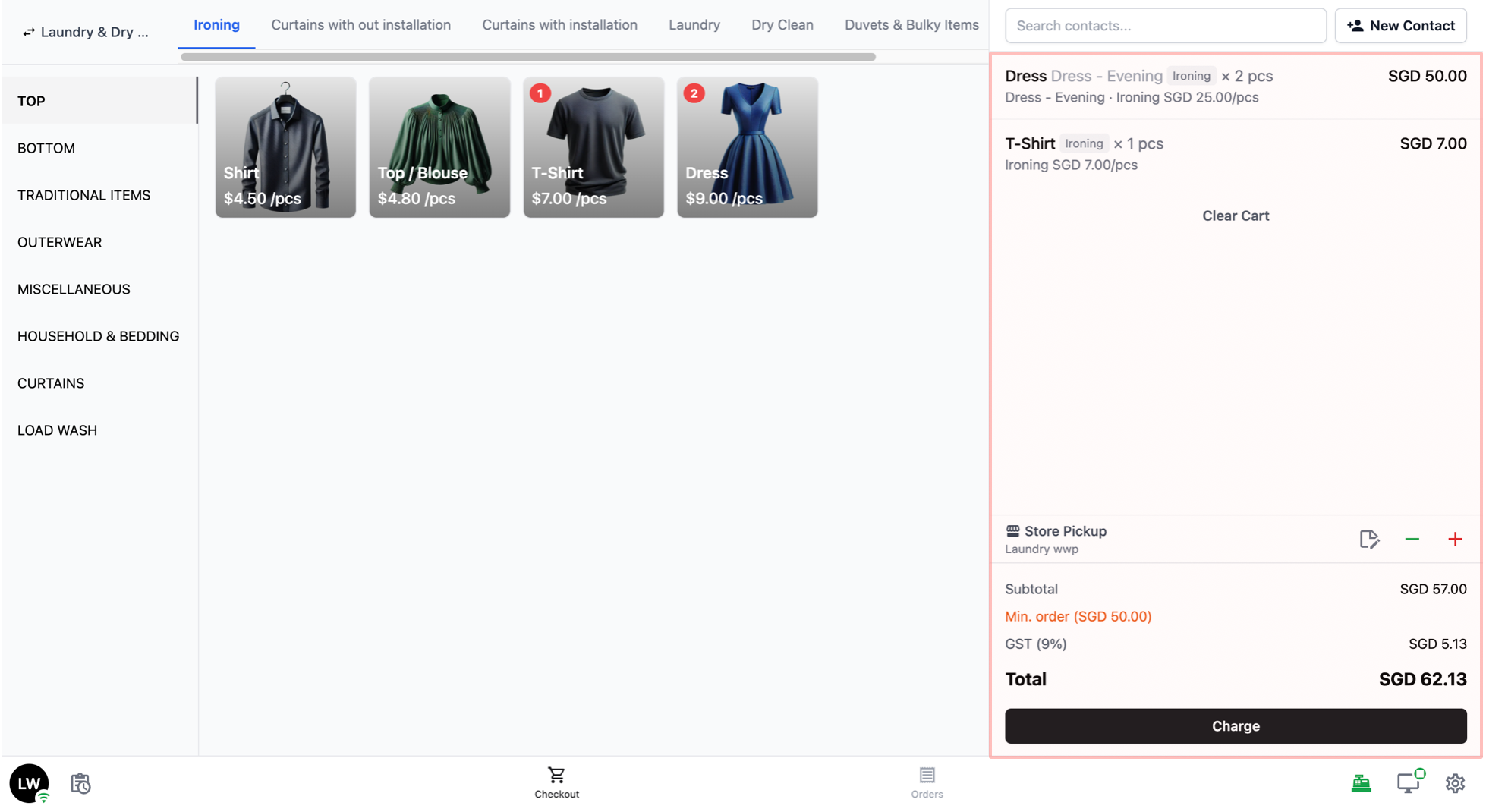 The right side of the screen is the cart. This is where items are added to an order.