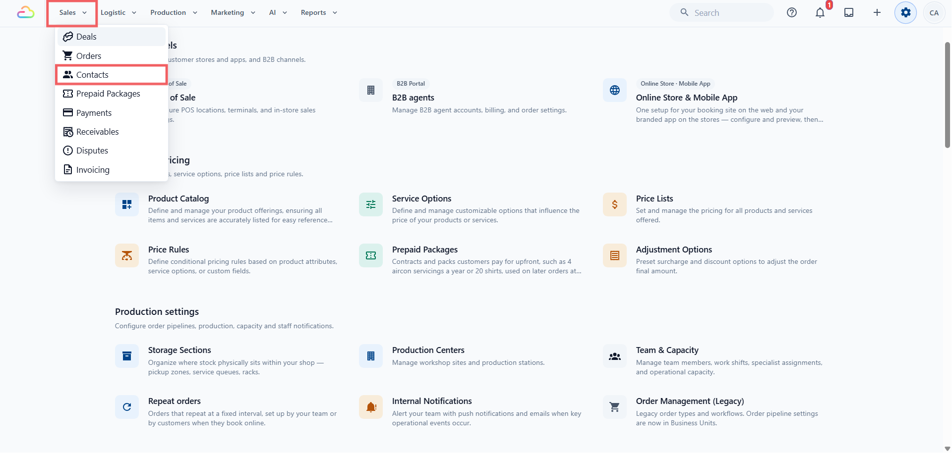 Header menu > sales > contacts