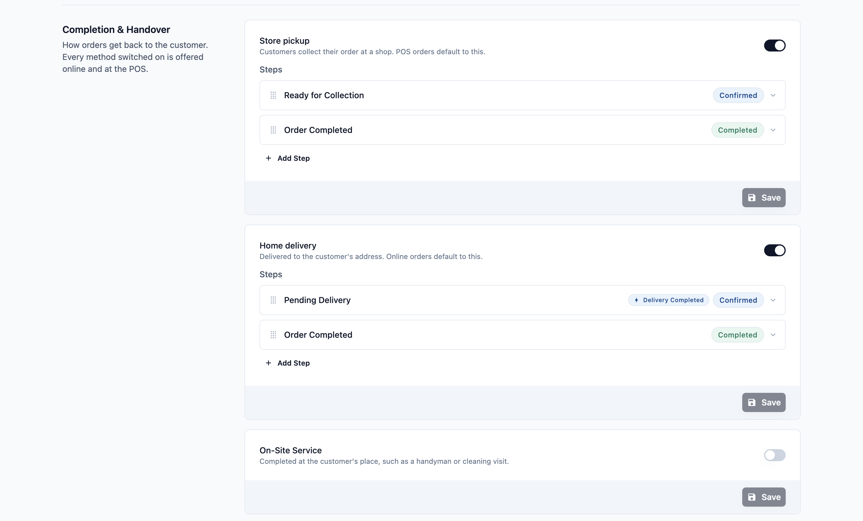 The Completion &amp; Handover section with Store pickup and Home delivery switched on, each with its steps and Save button