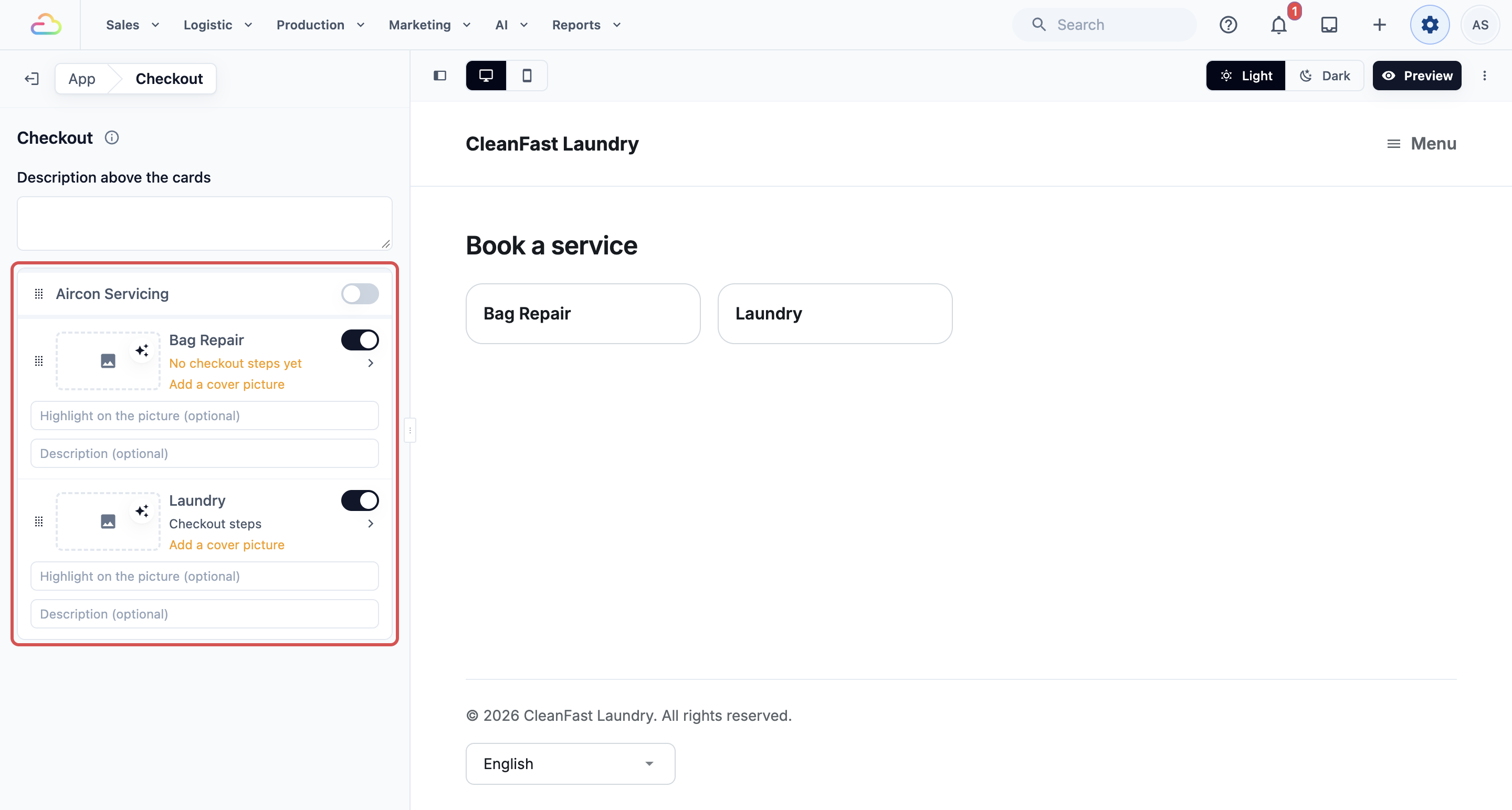 The Checkout page in the Online Store editor, listing business units with their switches, and "No checkout steps yet" under Bag Repair