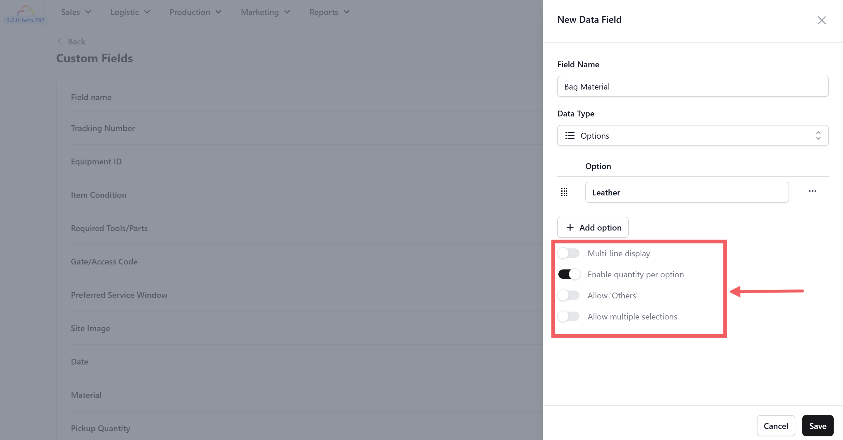Allow multiple selections — When turned on, your team can select more than one option at a time. This is useful for fields like Bag Issue where a single bag might have multiple problems — for example, "Broken Zipper" and "Faded Color" and "Torn Lining" all at once.
