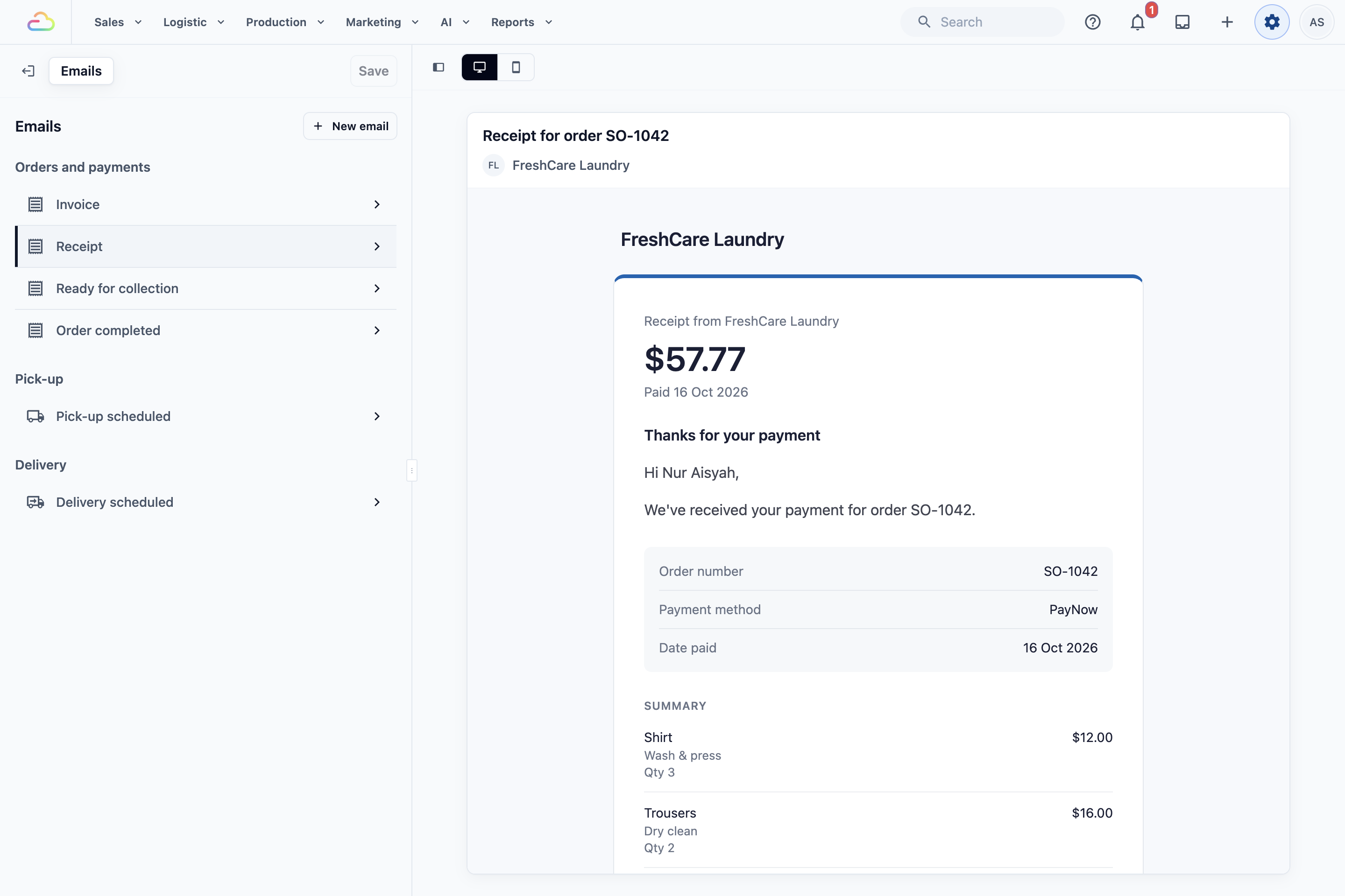 Emails page with the list of emails on the left and a preview of the Receipt email on the right