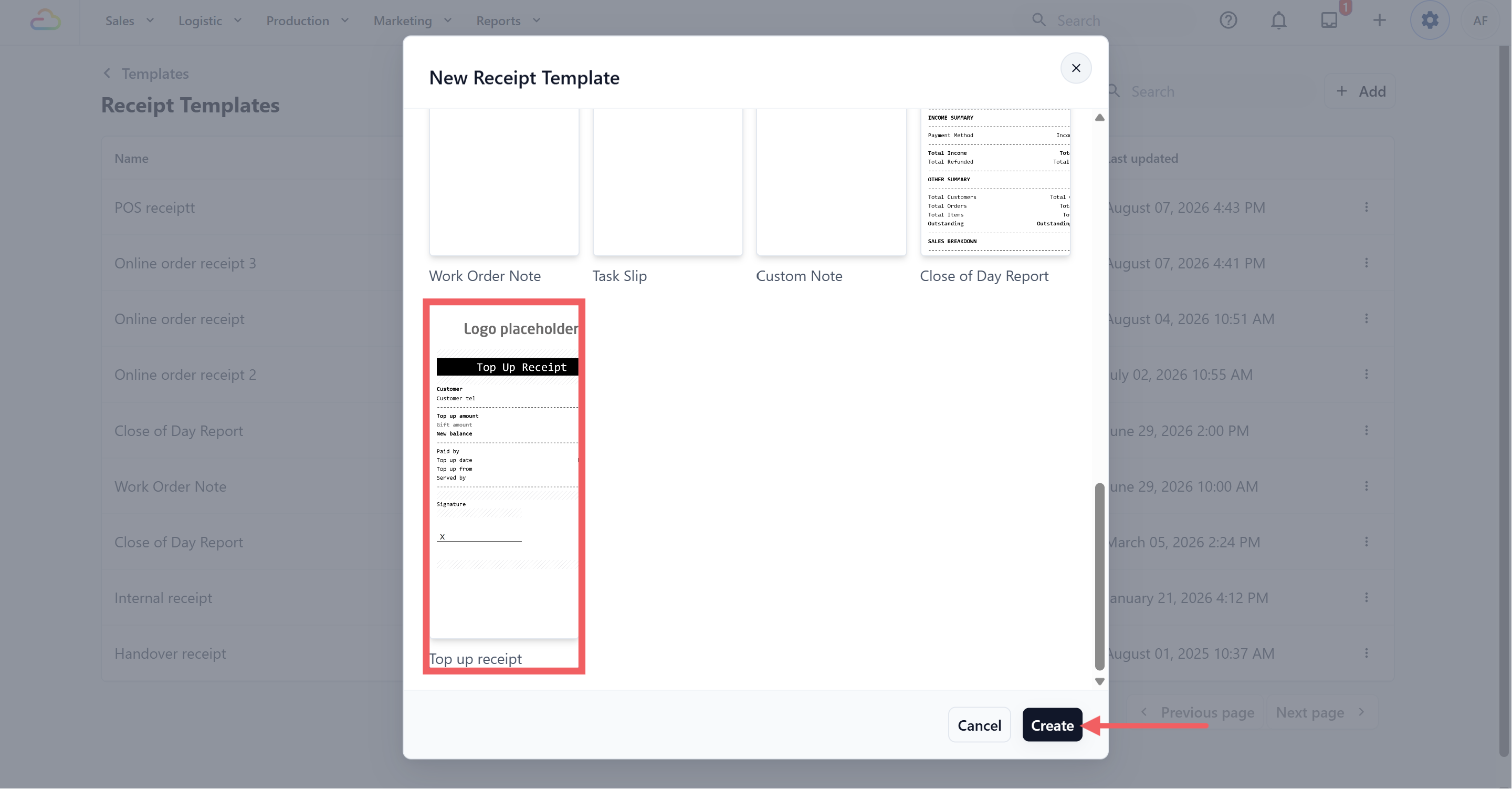 Under Template content, scroll to the bottom and click the Top up receipt card.
