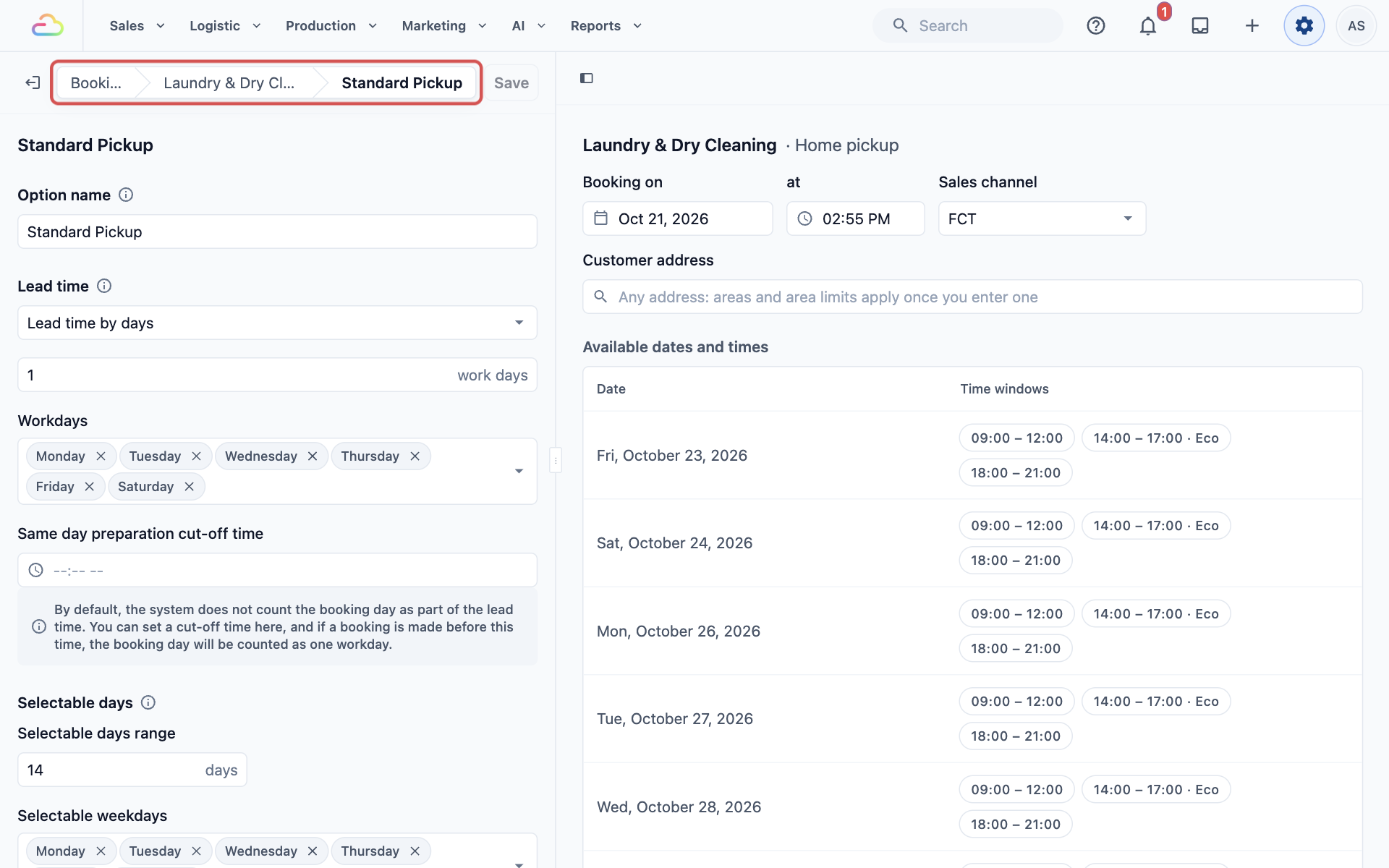 The Standard Pickup option page with the breadcrumbs "Bookings › Laundry &amp; Dry Cleaning › Standard Pickup" highlighted at the top