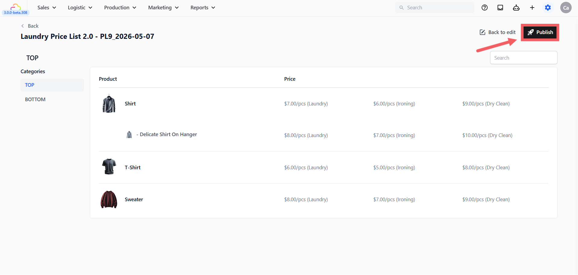 The preview is read-only and matches the customer-facing layout. Once you are happy, click Publish. The price list is now saved and ready to be linked to a sales channel.
