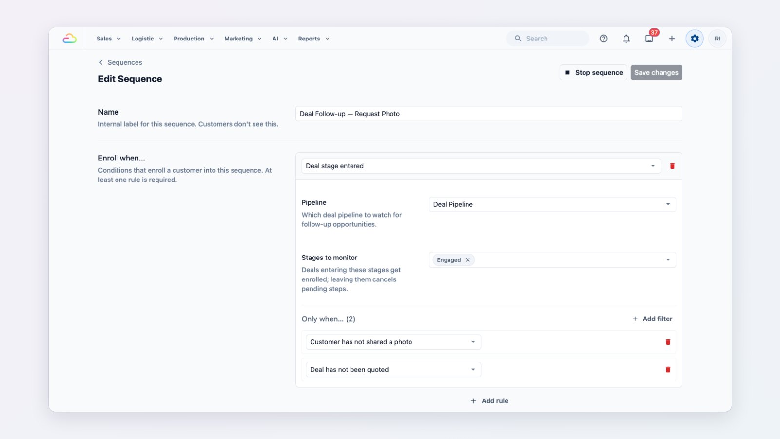 A follow-up sequence in EasyBiz with its WhatsApp steps, delays and send settings