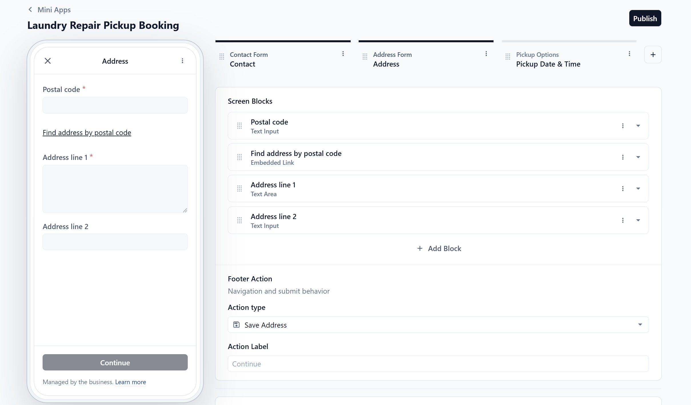 Footer Action set to Save Address.