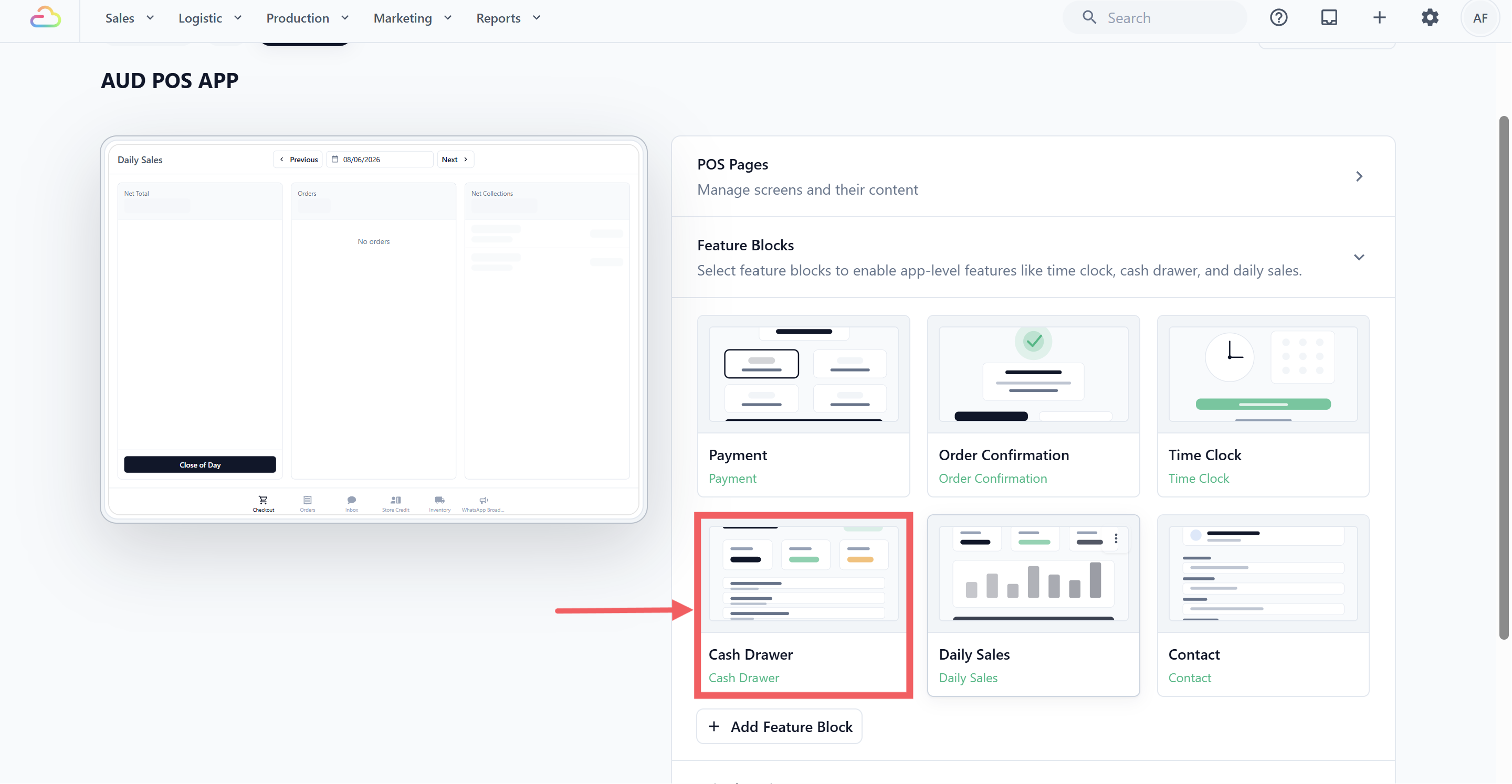 In the right-hand panel, click Feature Blocks to expand the section.