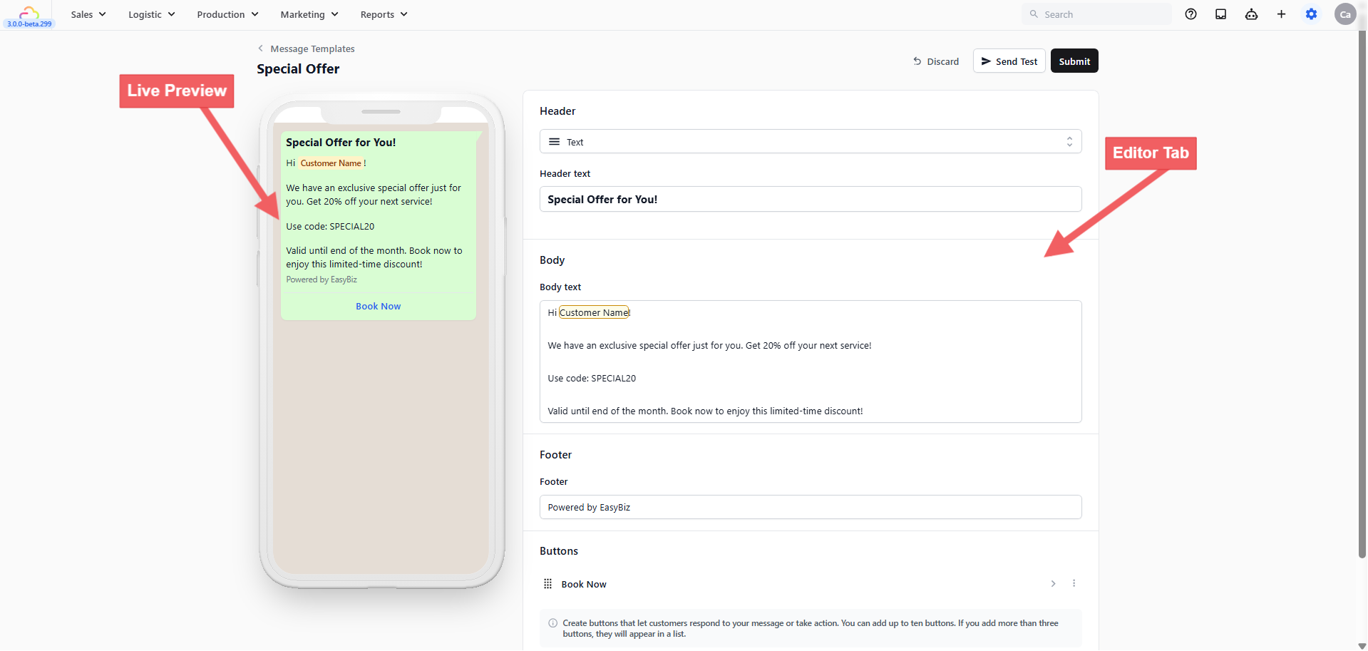 Configuring the Template in the Editor