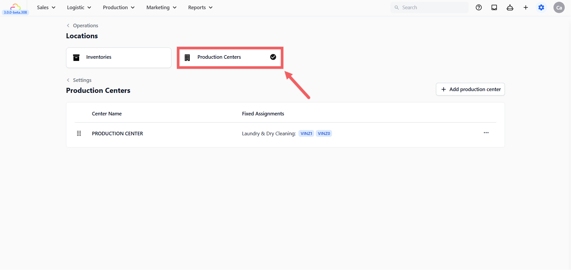 Click the Production Centers tab.