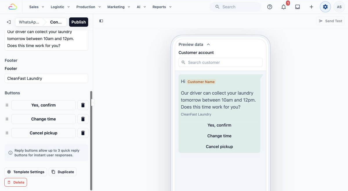Reply Buttons editor with three buttons
