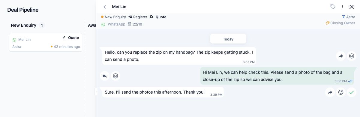 Mei Lin’s deal under New Enquiry in the Deal Pipeline, with her linked conversation open.