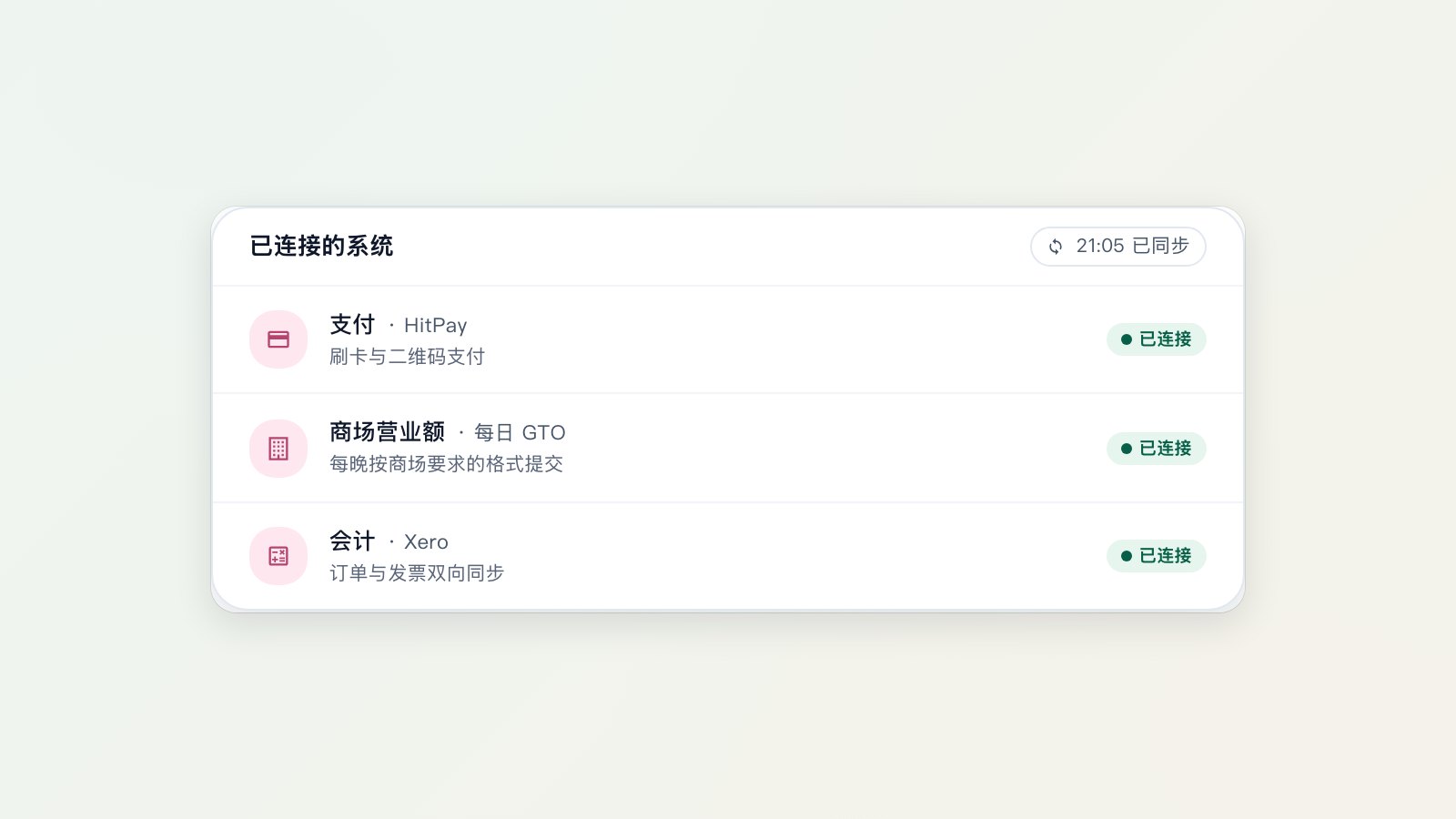 EasyBiz 的“连接”页面,显示 HitPay 已连接,可收刷卡和二维码付款