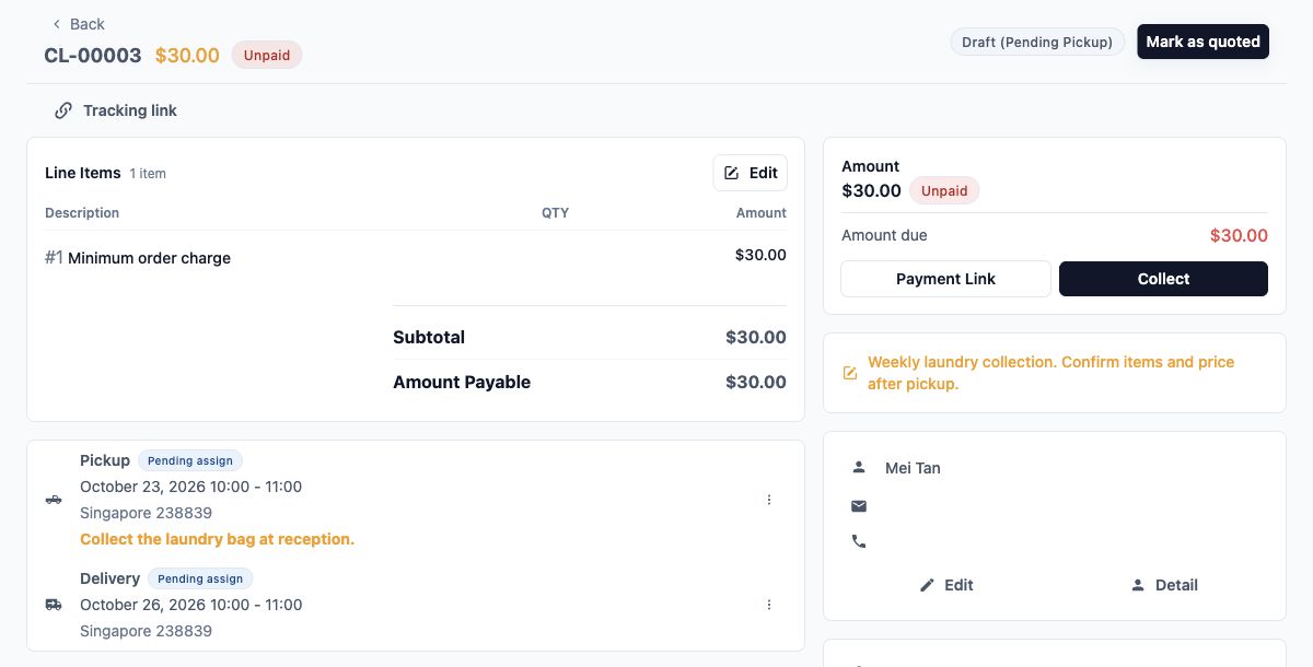 The generated order has its own dates and status
