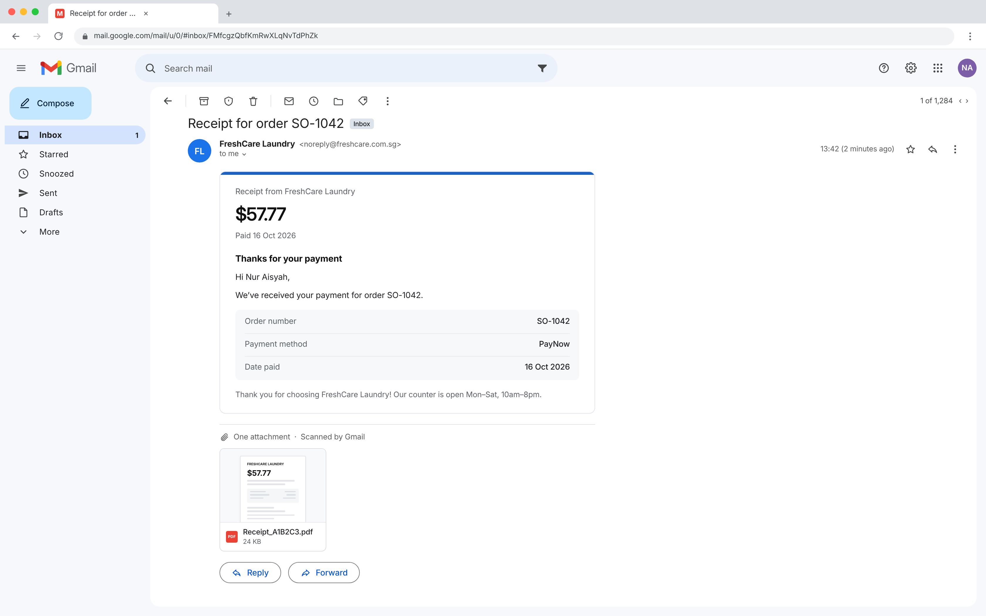 Received receipt email