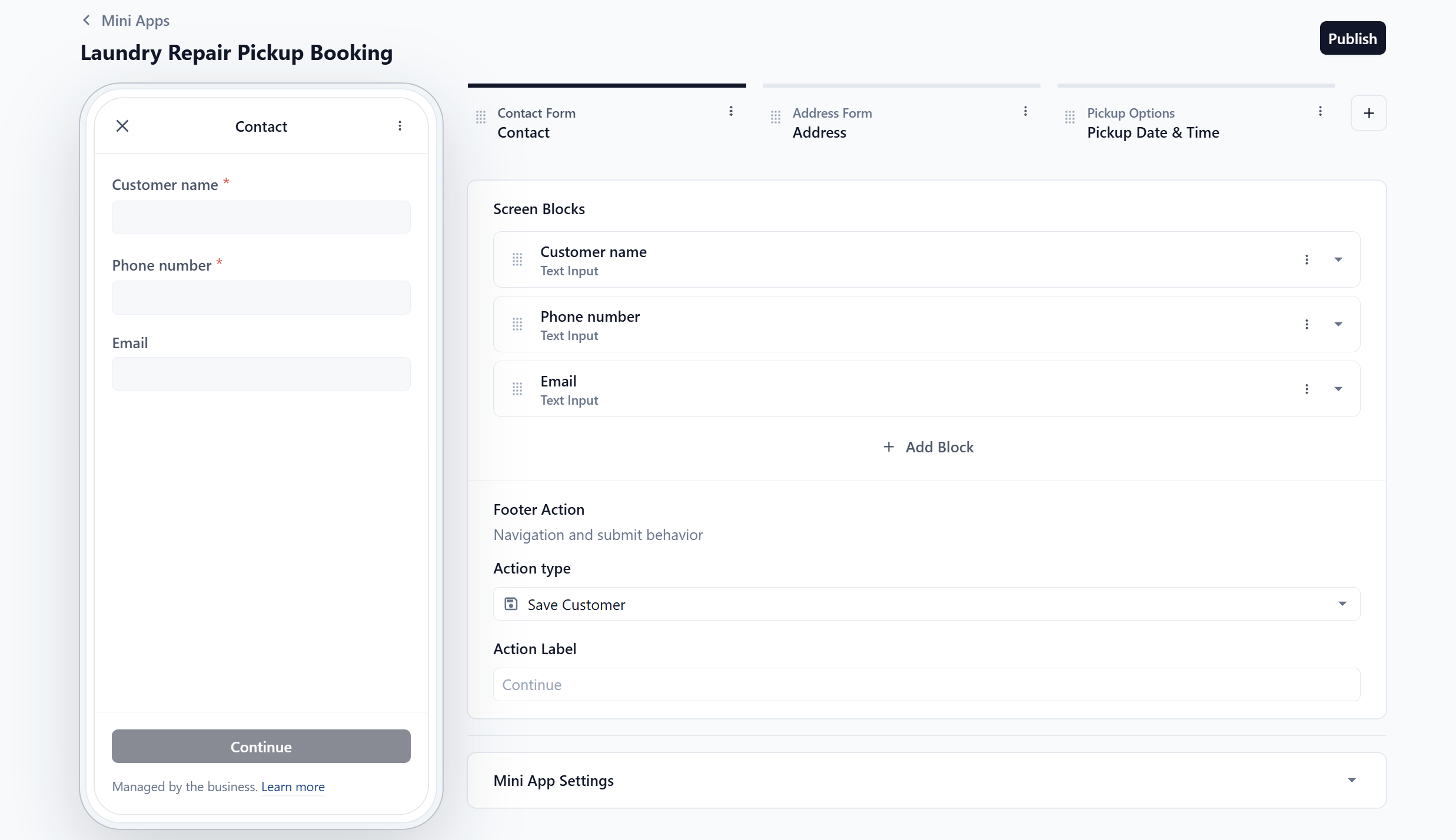 Footer Action set to Save Customer.