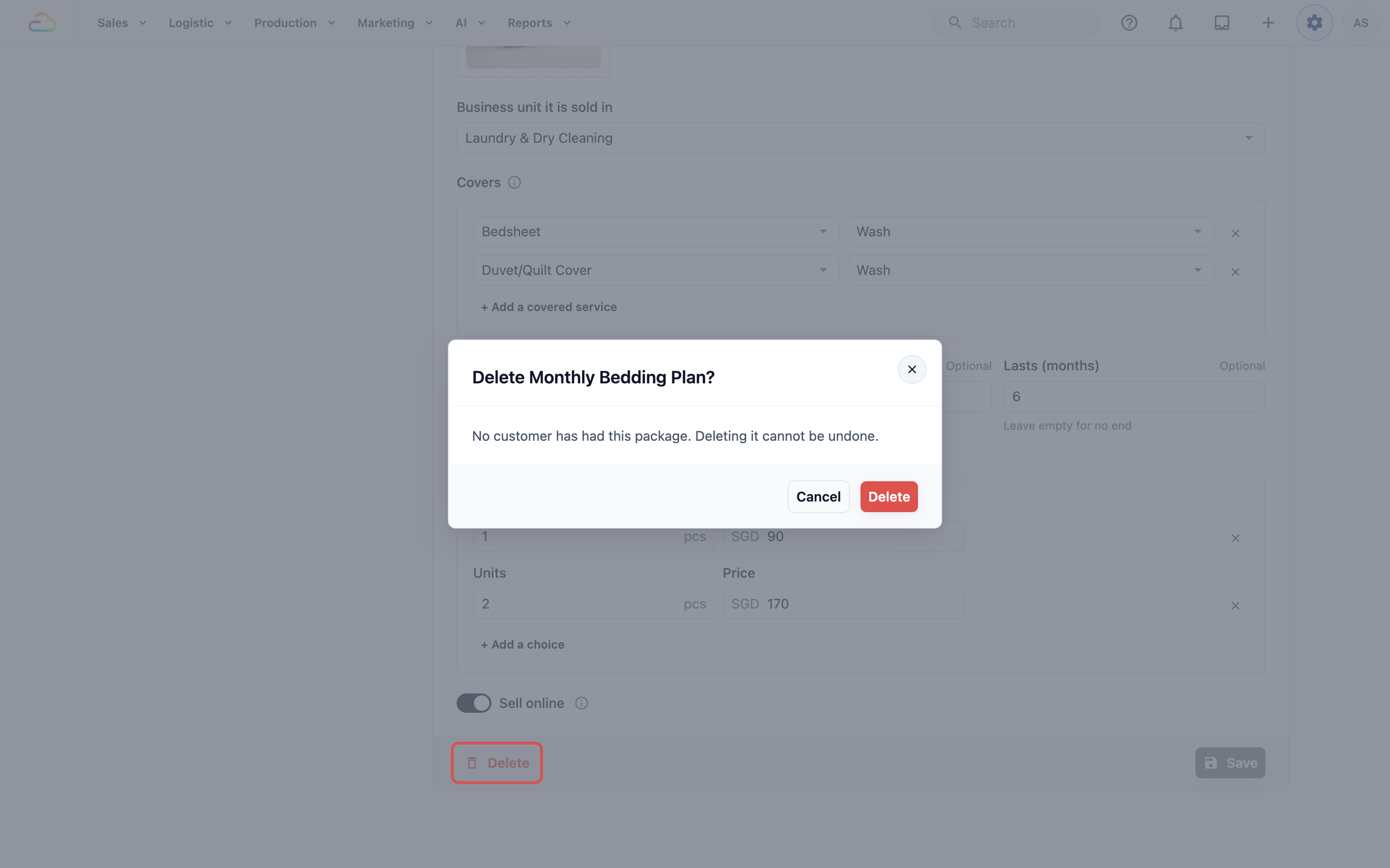 Settings › Prepaid Packages with Monthly Bedding Plan open: Delete at the bottom left is marked and the box reads Delete Monthly Bedding Plan? No customer has had this package. Deleting it cannot be undone.