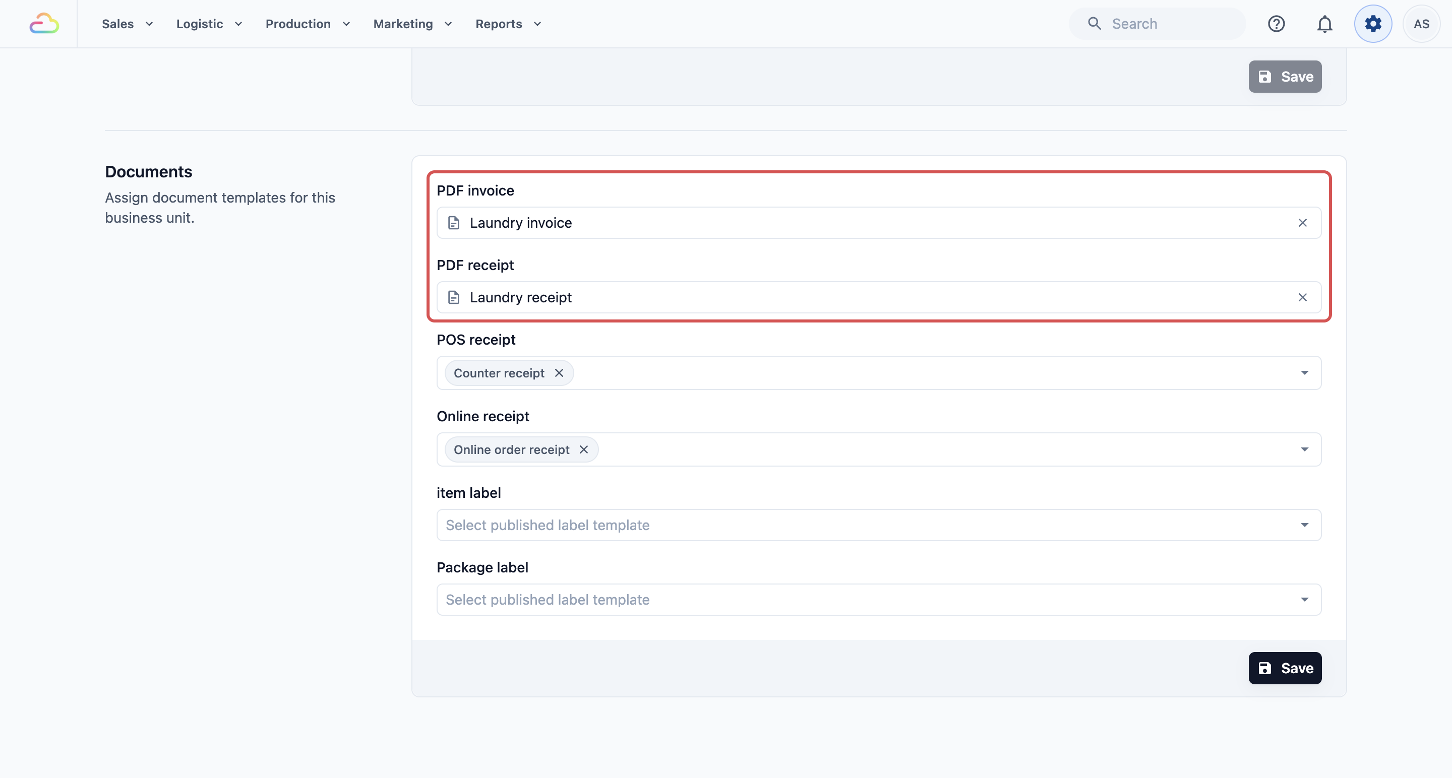 Business unit Documents settings with the PDF invoice and PDF receipt chosen
