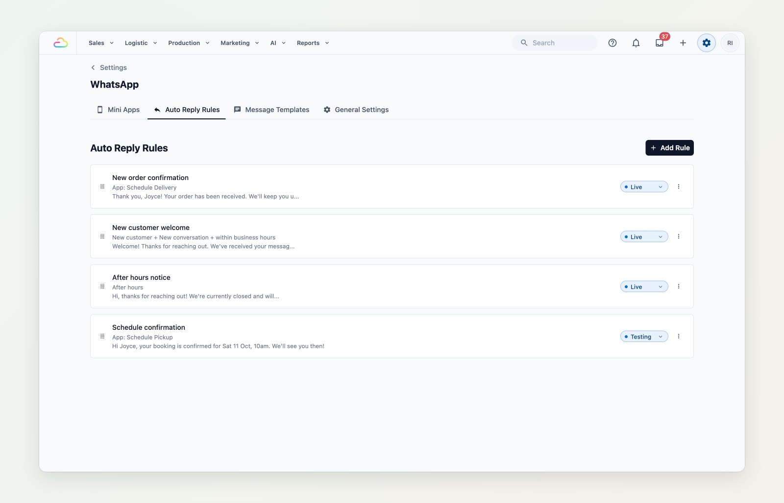 Auto Reply Rules listing a new order confirmation, a new customer welcome, an after-hours notice and a schedule confirmation