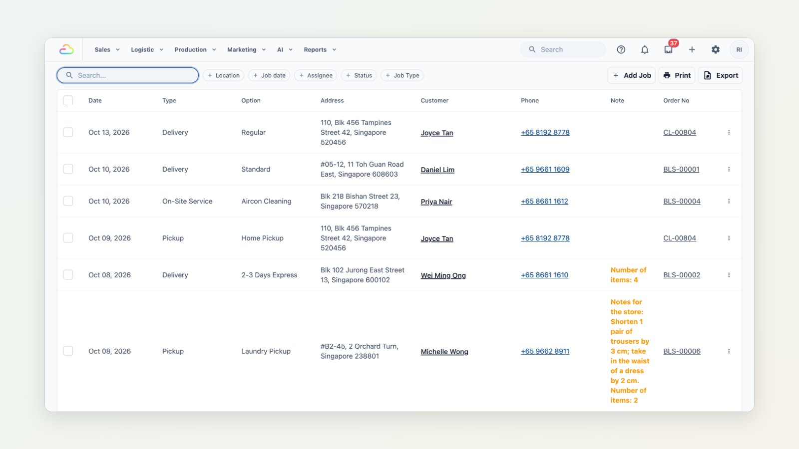 The Jobs table listing pickups, deliveries and on-site services with dates, addresses, customers and order numbers