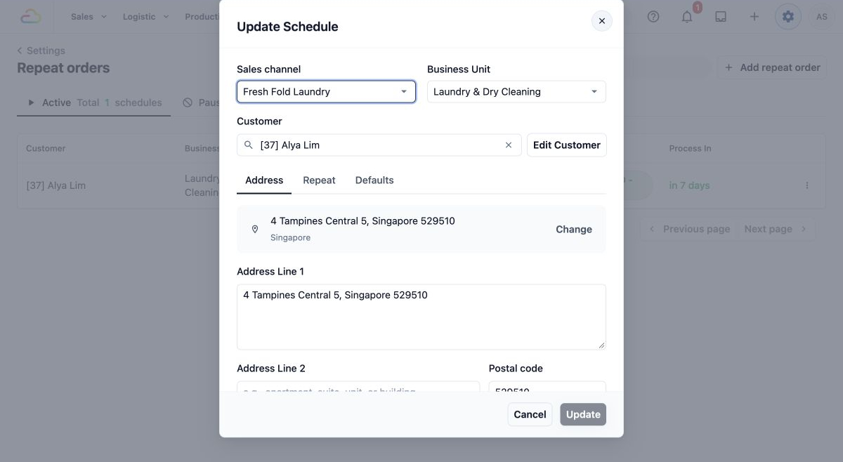 The saved customer, sales channel and address