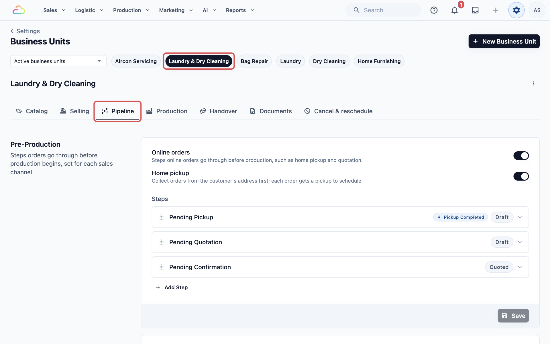 The Business Units page with Laundry &amp; Dry Cleaning selected and the Pipeline tab highlighted