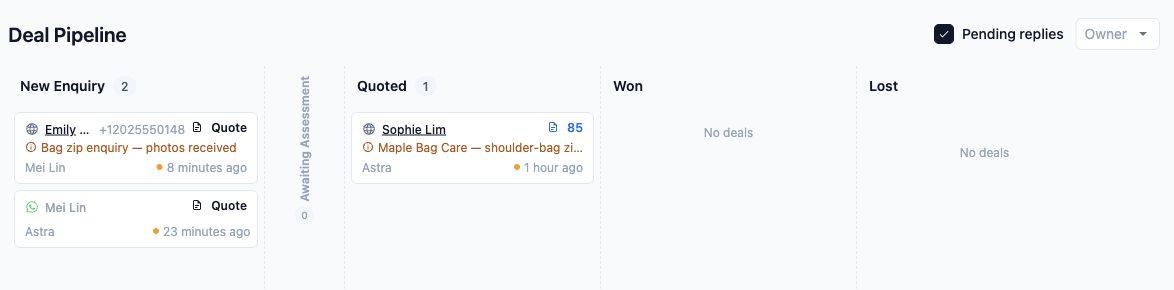Deal Pipeline with Pending replies selected and the fictional bag zip enquiry in New Enquiry.