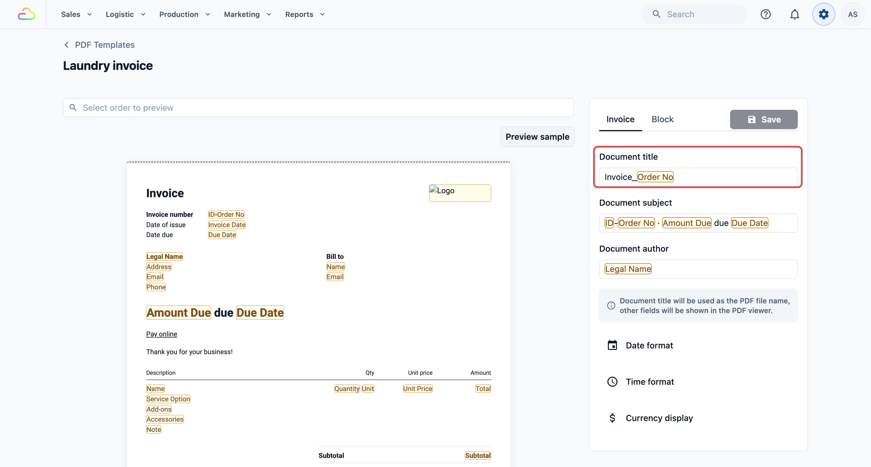 Invoice tab with the Document title field marked