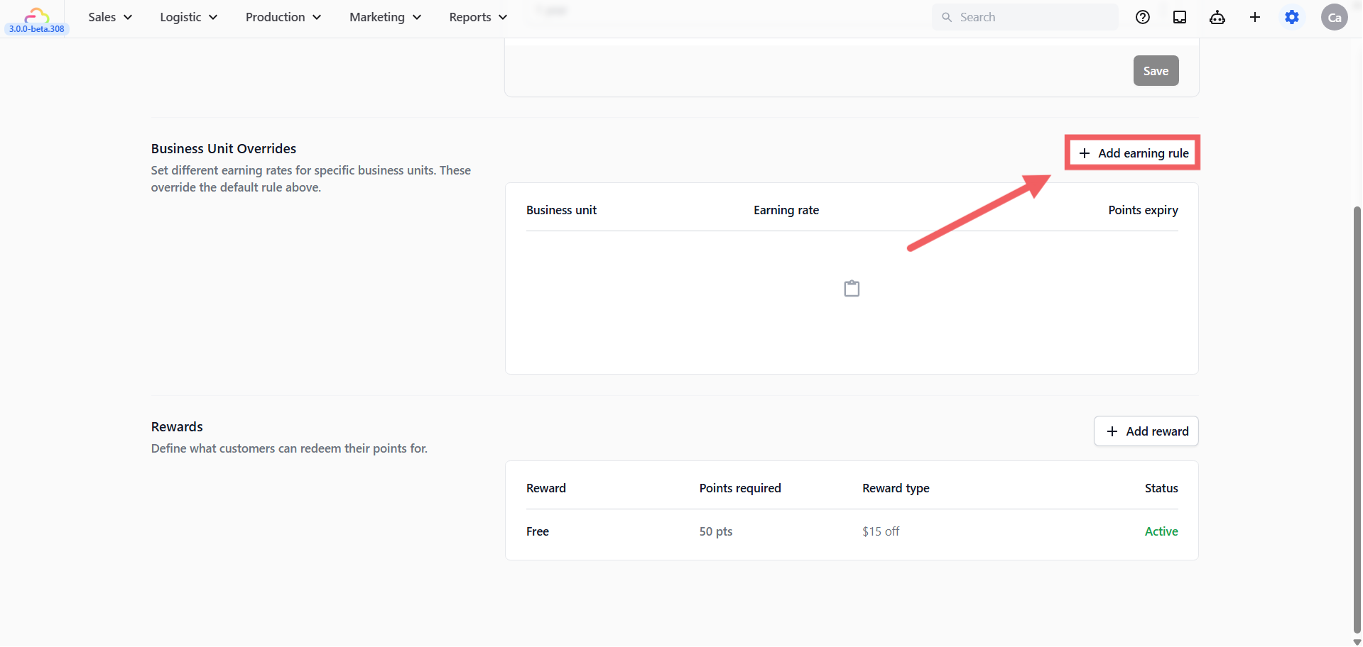 Click + Add earning rule to open the New earning rule dialog.
