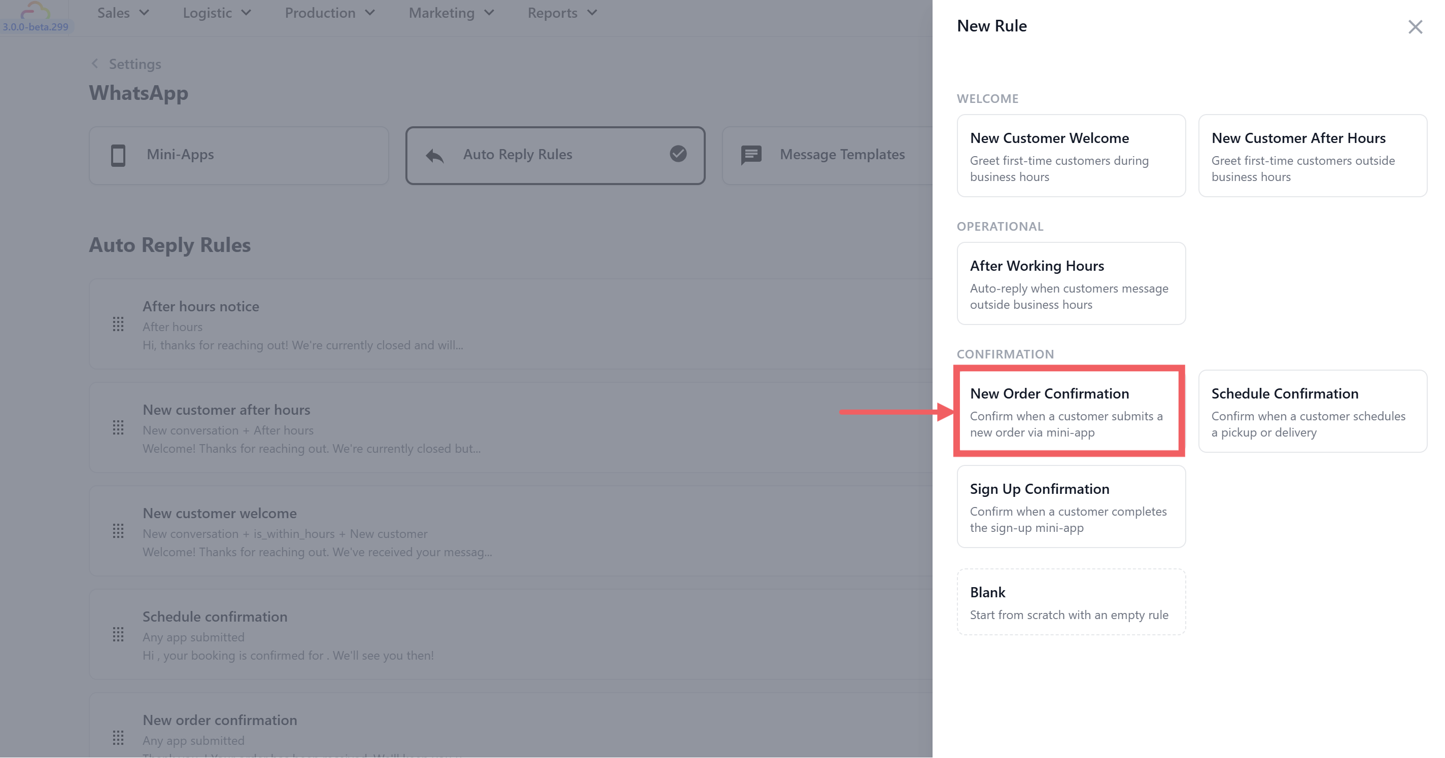 Under Confirmation, select New Order Confirmation