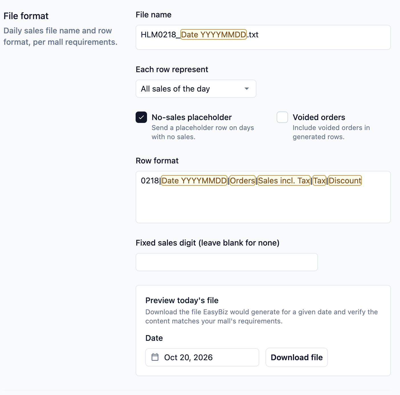 The File format section with the file name, All sales of the day, the No-sales placeholder and Voided orders boxes, the row format and the Preview today's file box