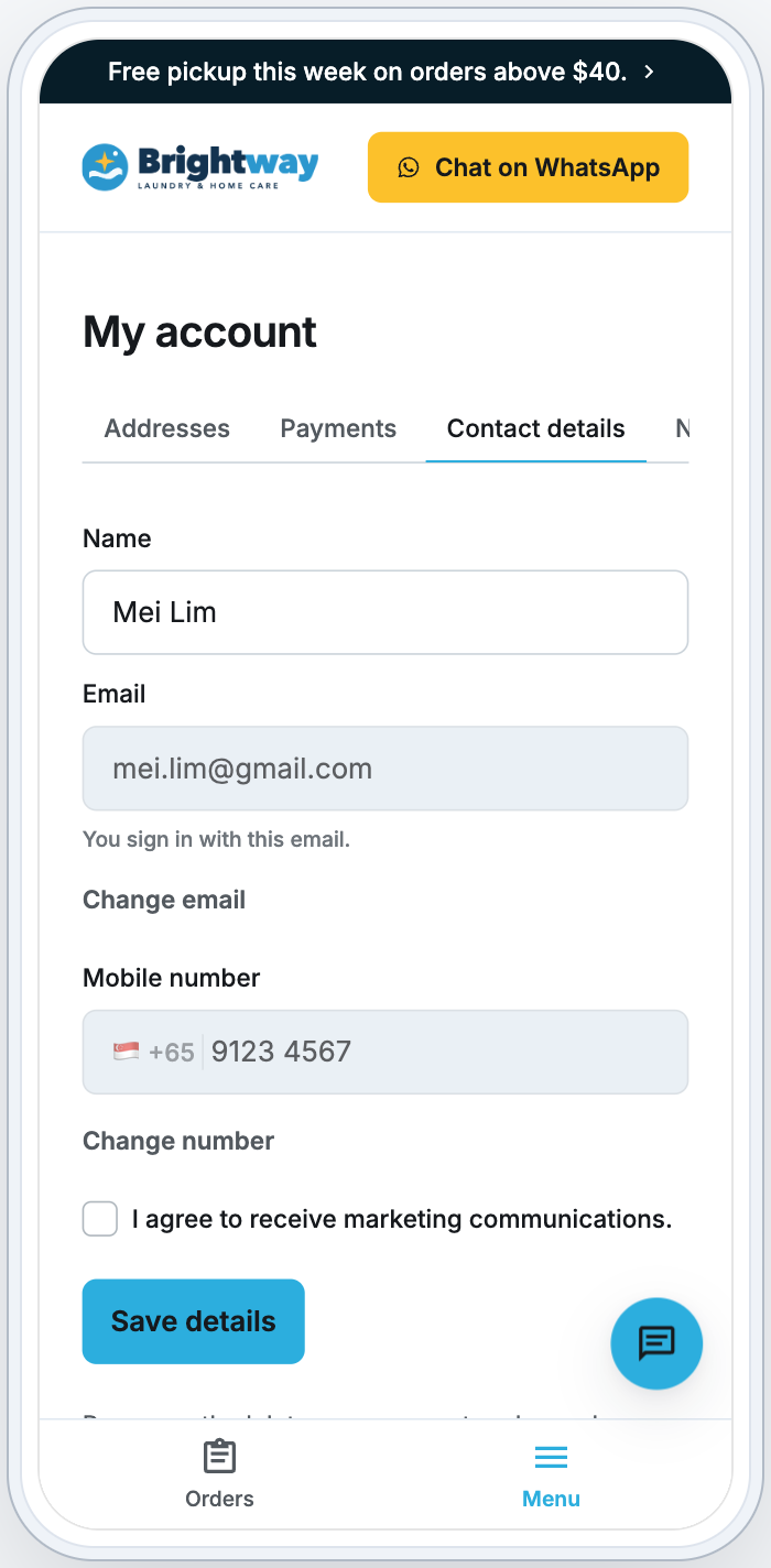 My account on a phone, on the Contact details tab
