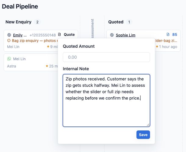 Quote and note pop-up with the bag zip update entered in Internal Note and the Save button visible.