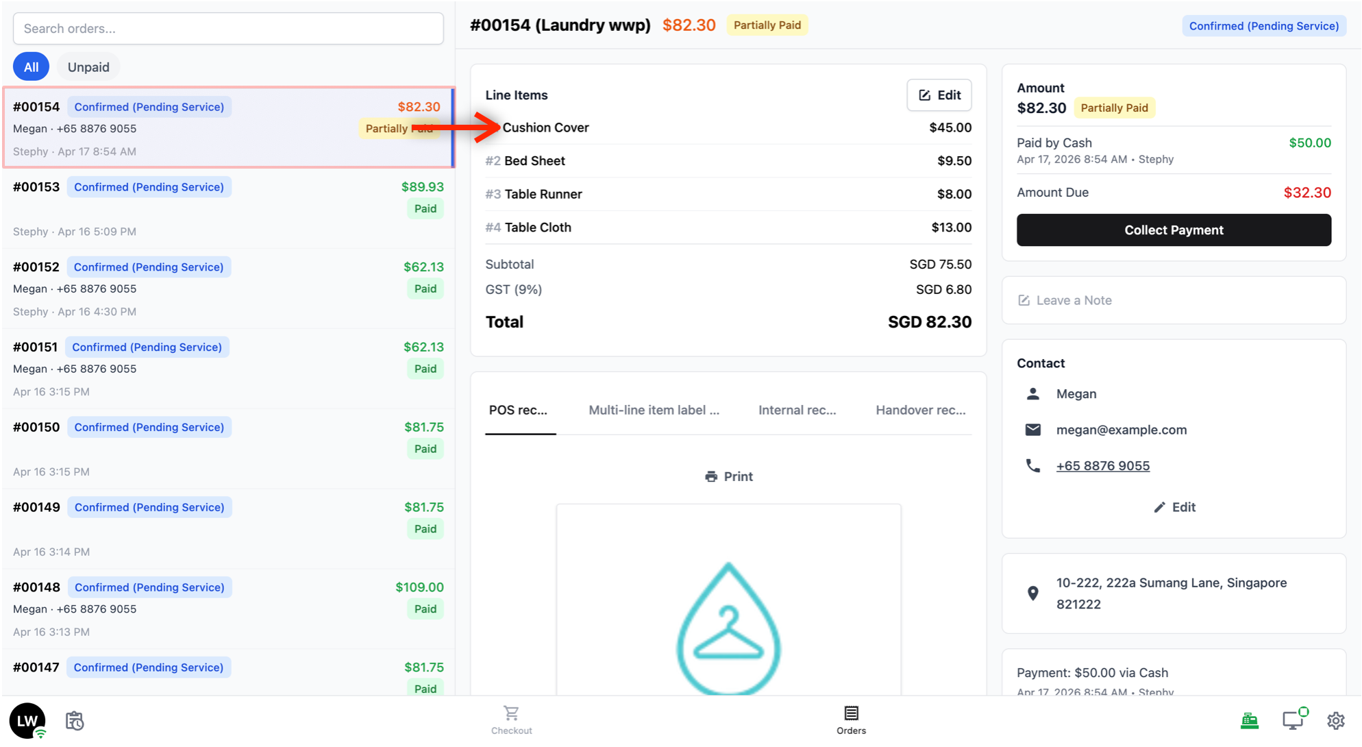 You can tap on any order in the list to see its full details on the right side of the screen.